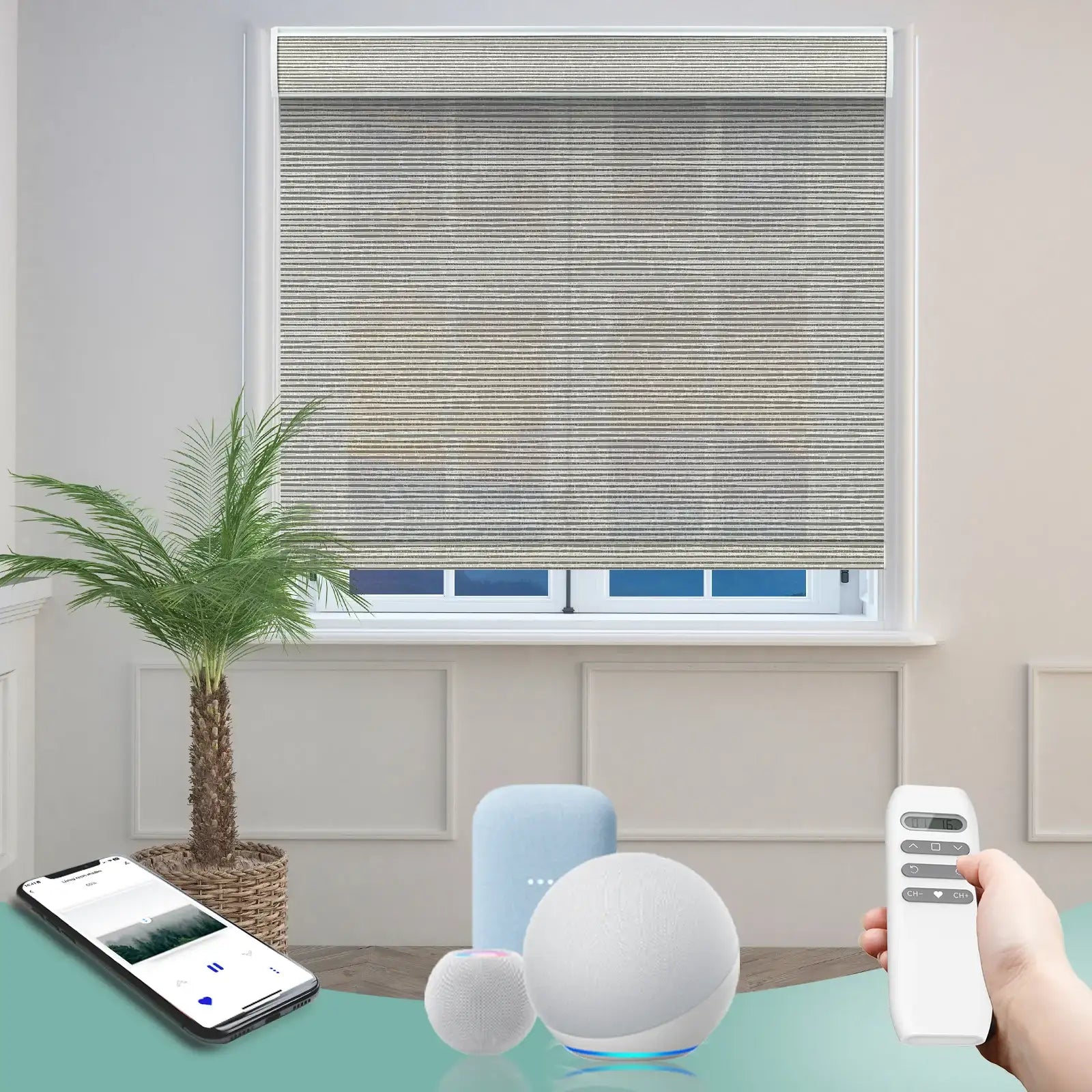 BlindsMagic Smart Motorized Roller Shades 70% Blackout Camden – Remote Control Living Room
