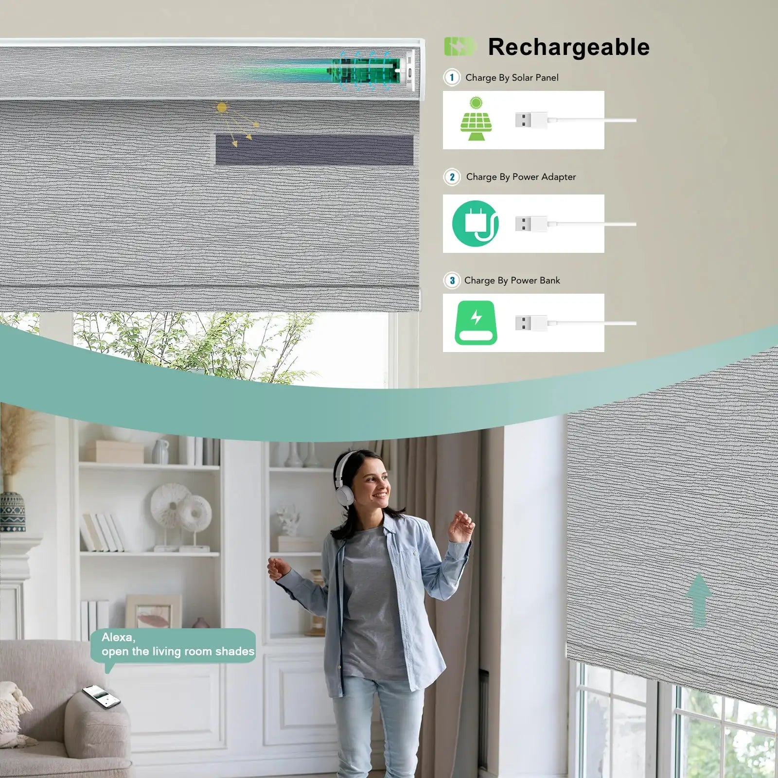 BlindsMagic motorized roller shades rechargeable via solar panel power adapter or power bank