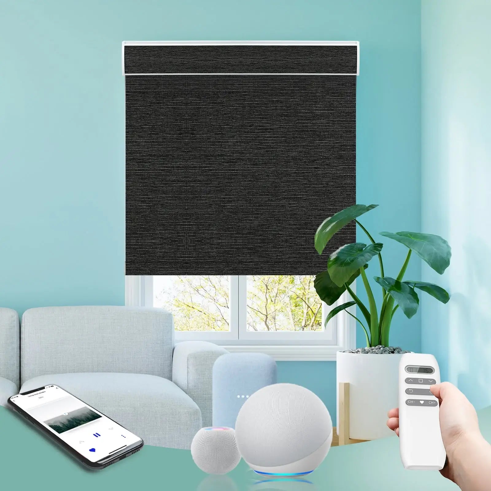 BlindsMagic Smart Motorized Roller Shades 100% Blackout Klamath – Cordless Child Safe Custom Size Living Room