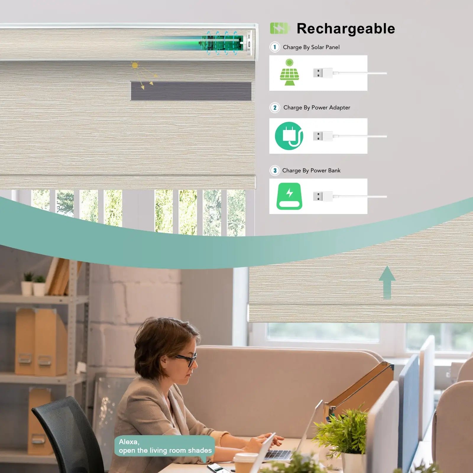 BlindsMagic Smart Motorized Roller Shades 100% Blackout Breeze – Rechargeable Solar Panel Office
