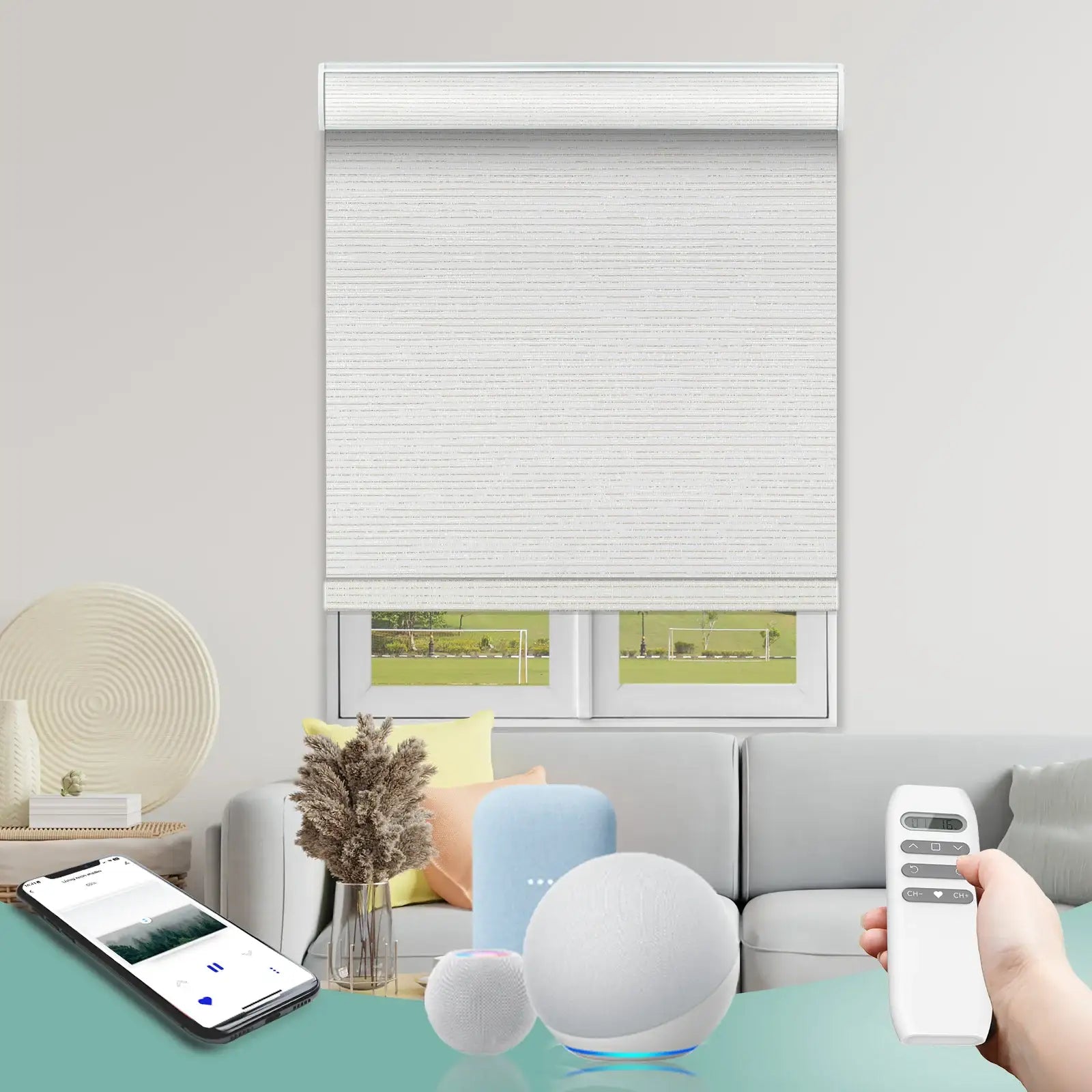 BlindsMagic Smart Motorized Roller Shades 100% Blackout Camden – Remote Control Privacy Glare Reduction Living Room