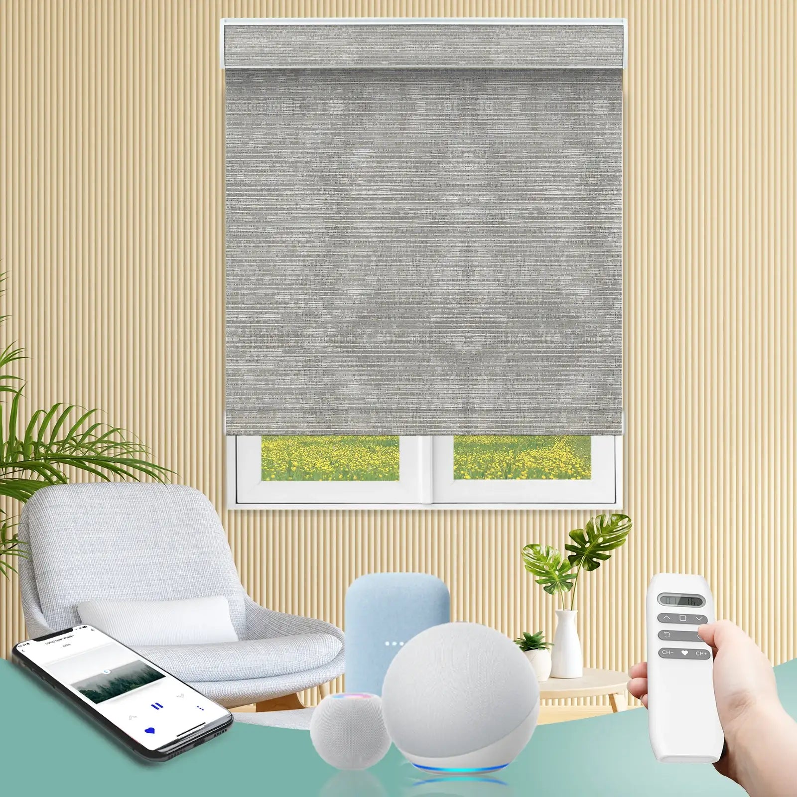 BlindsMagic Smart Motorized Roller Shades 100% Blackout Camden – Cordless Child Safe Custom Size Living Room