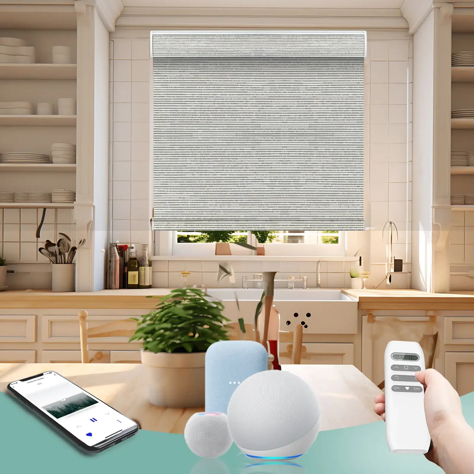 BlindsMagic Smart Motorized Roller Shades 100% Blackout Camden – Cordless Kitchen Window Shades Smart Home