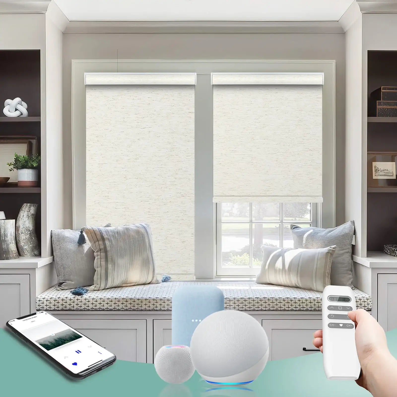 BlindsMagic motorized roller shades 100% blackout Linen double window remote app control