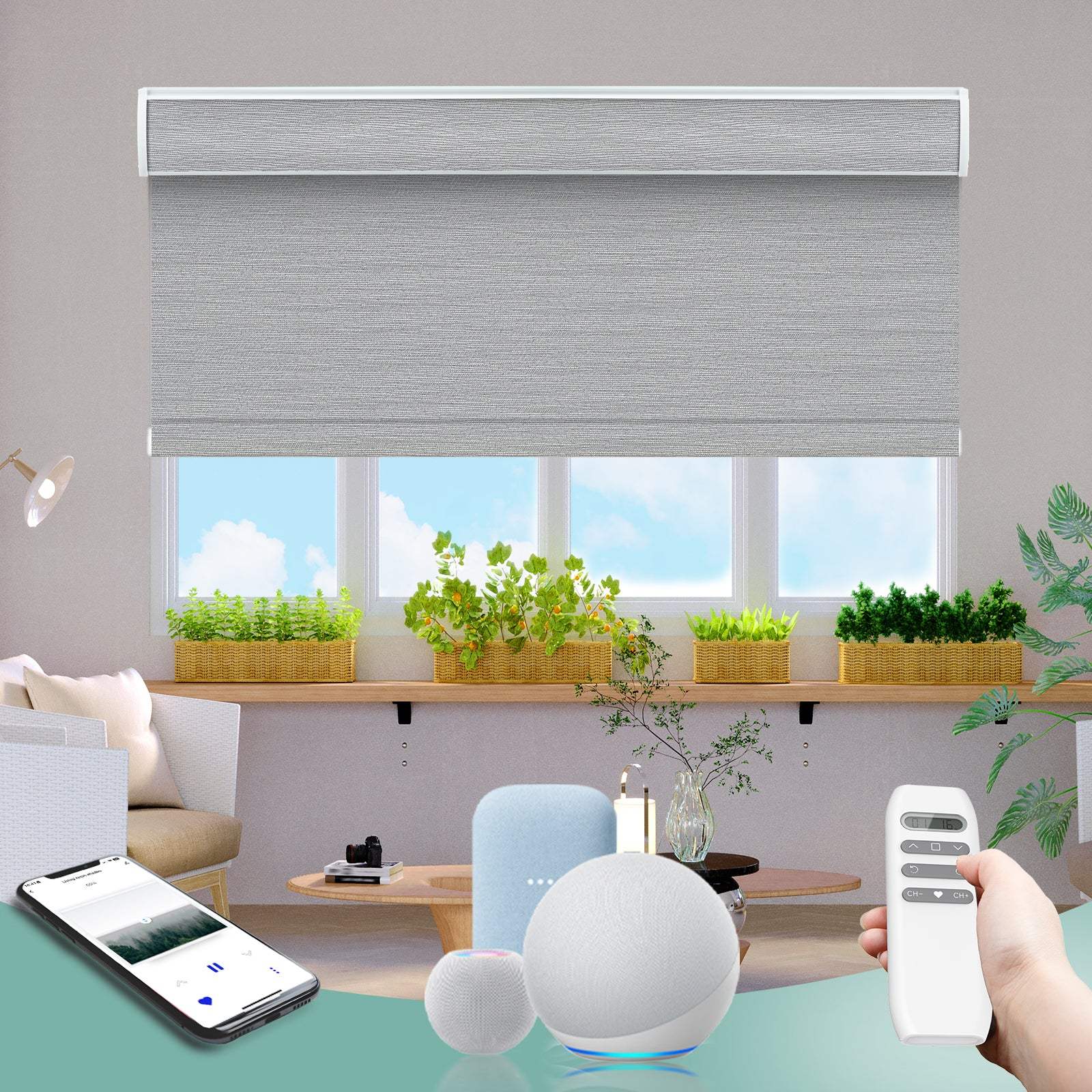 BlindsMagic smart motorized roller shades 100% blackout with remote app and voice control