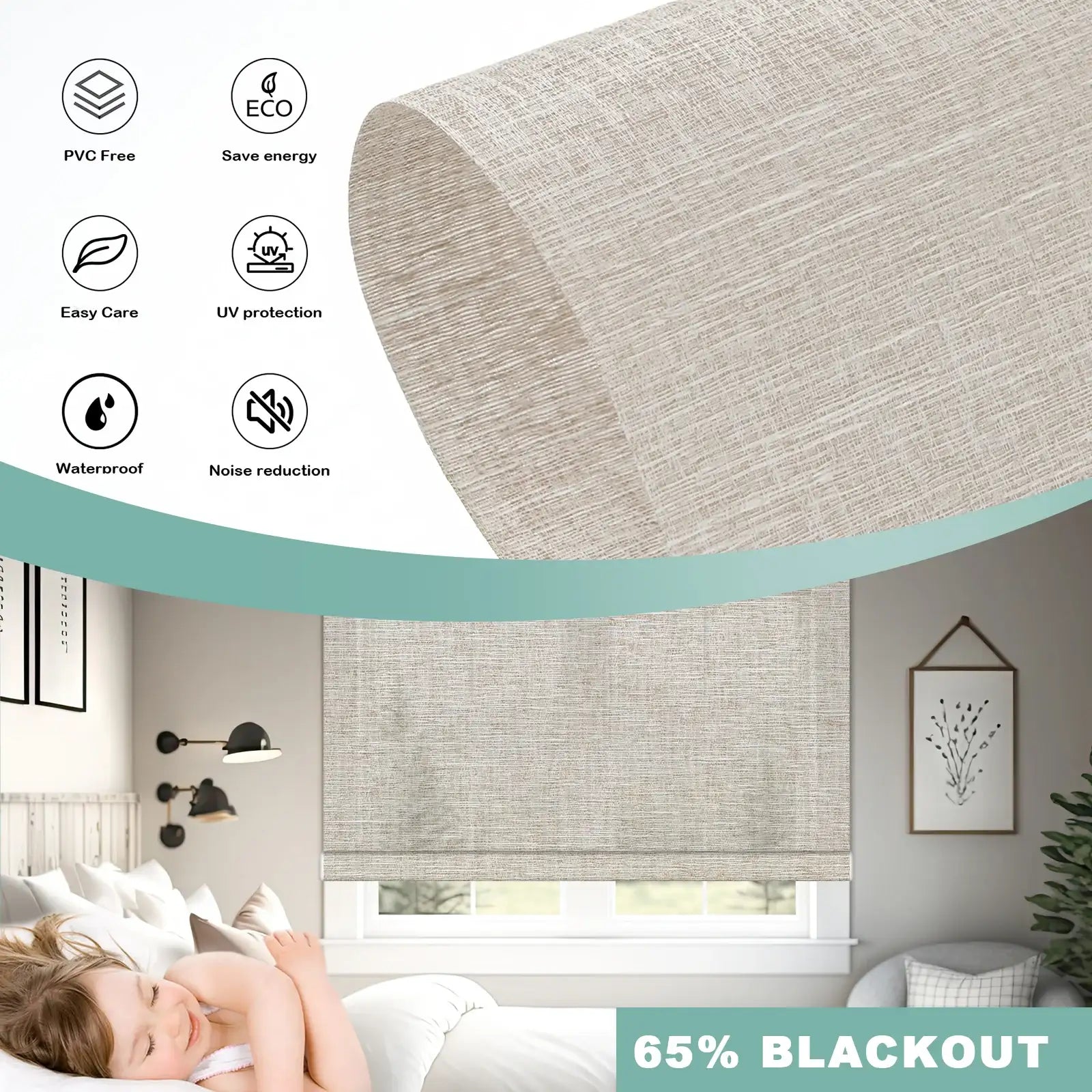 BlindsMagic Smart Motorized Roller Shades 70% Blackout Whimsy – PVC Free UV Protection Waterproof Bedroom