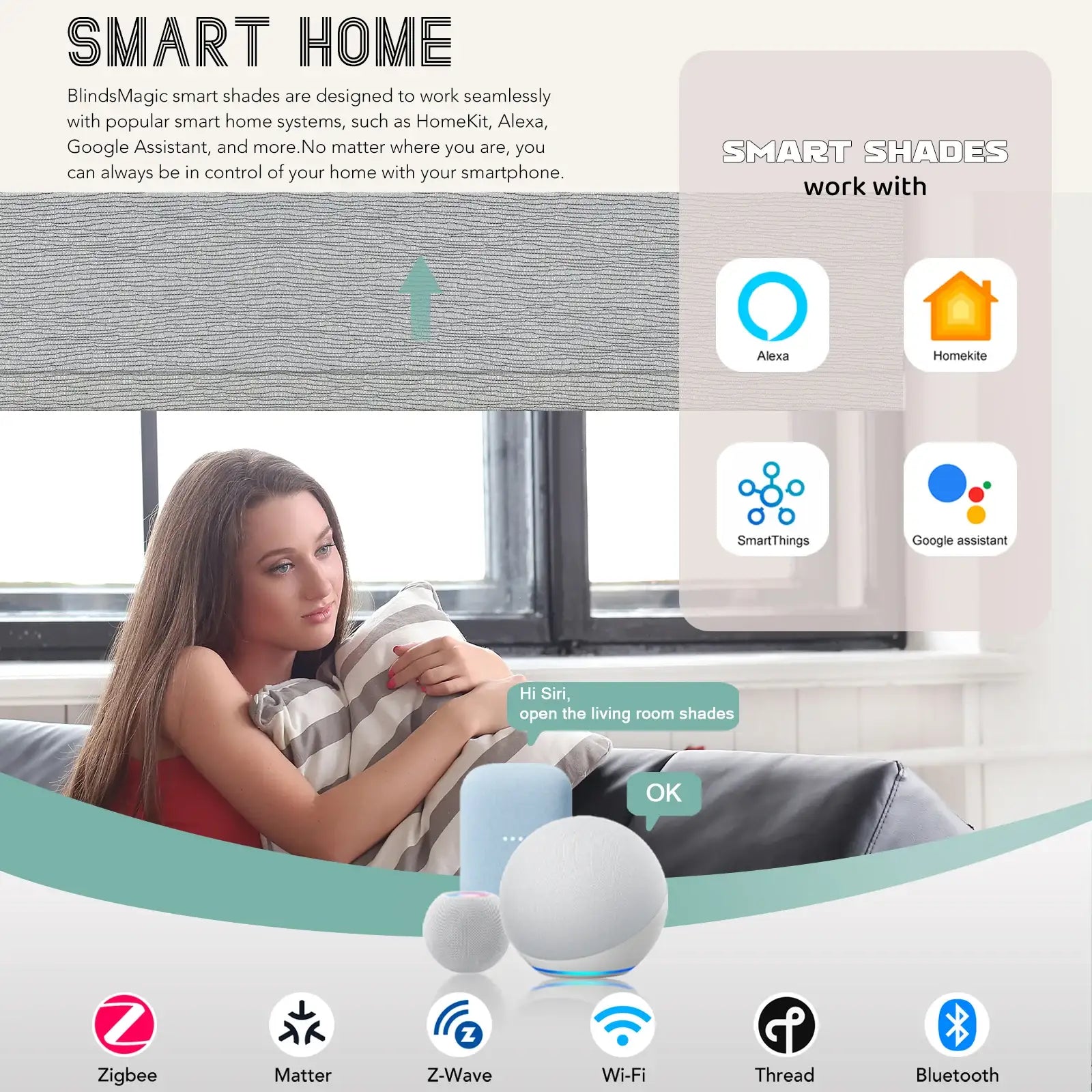 BlindsMagic motorized roller shades works with Alexa HomeKit SmartThings Google Assistant Zigbee Matter