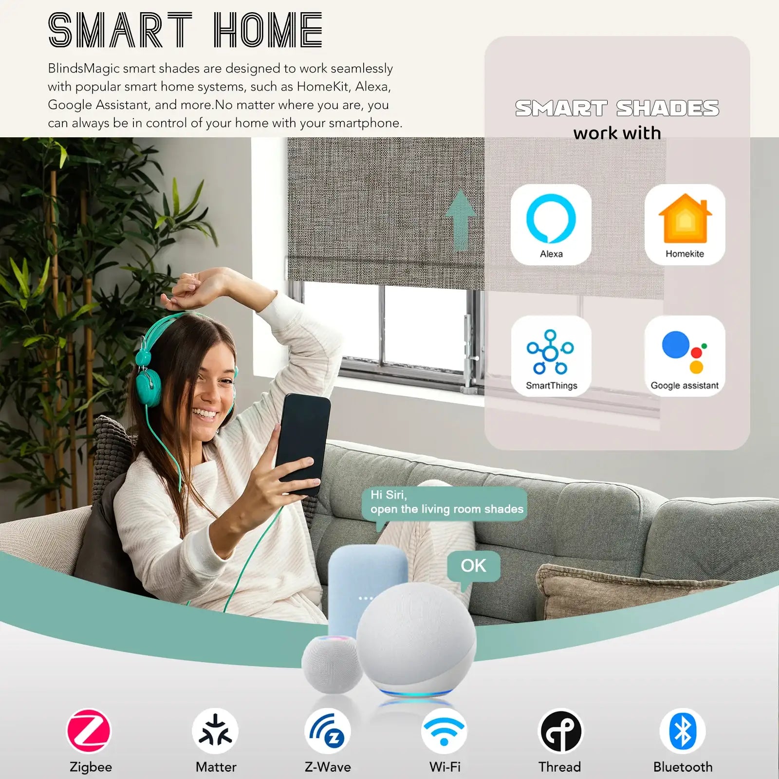 BlindsMagic motorized roller shades works with Alexa HomeKit SmartThings Google Assistant
