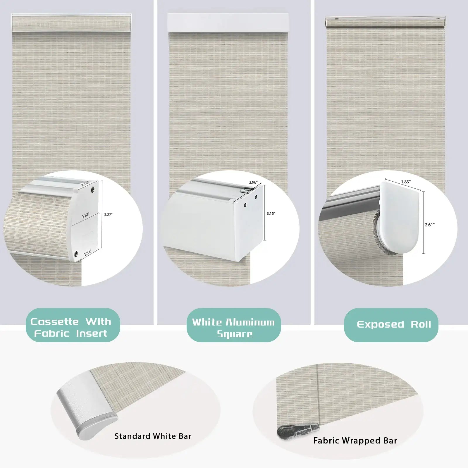 BlindsMagic Bamboo Shades Valance Options – Cassette Fabric Insert White Aluminum Square Exposed Roll Custom Size