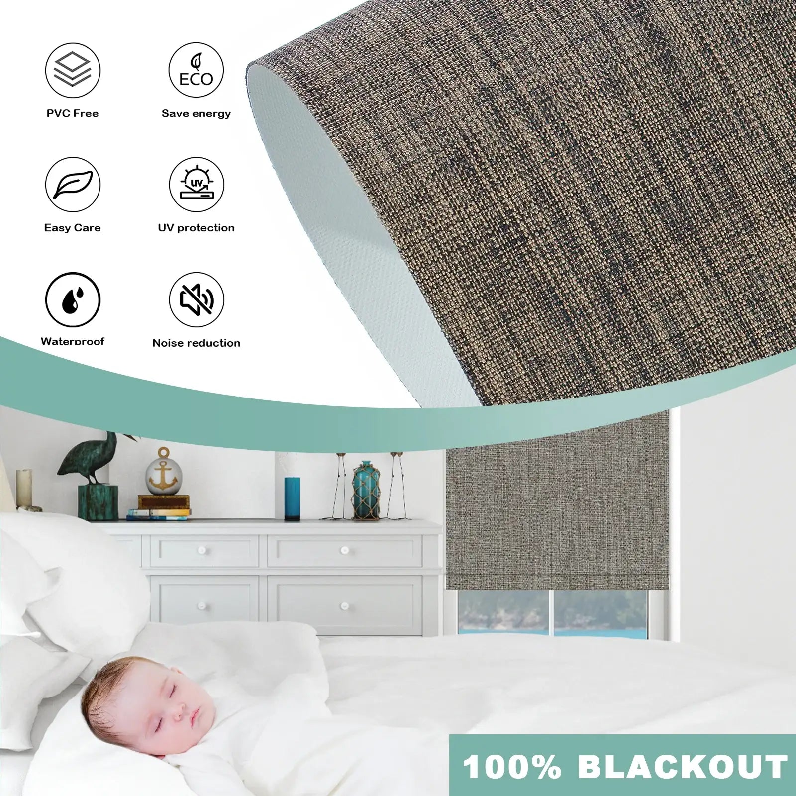 BlindsMagic 100% blackout roller shades PVC free waterproof UV protection noise reduction - Torrance