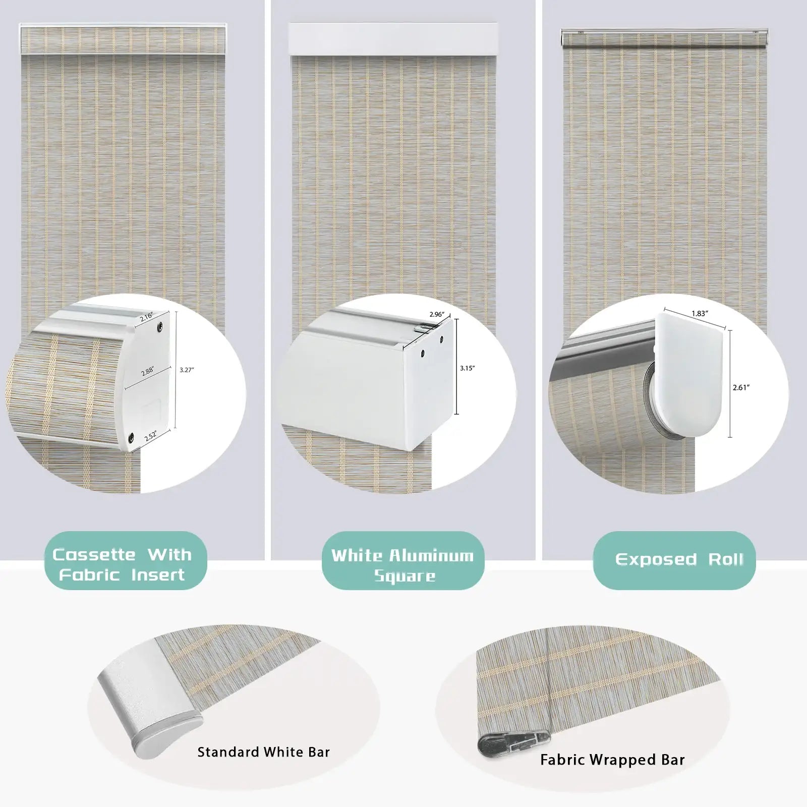 BlindsMagic Bamboo Shades Valance Options – Cassette Fabric Insert White Aluminum Square Exposed Roll Custom Size