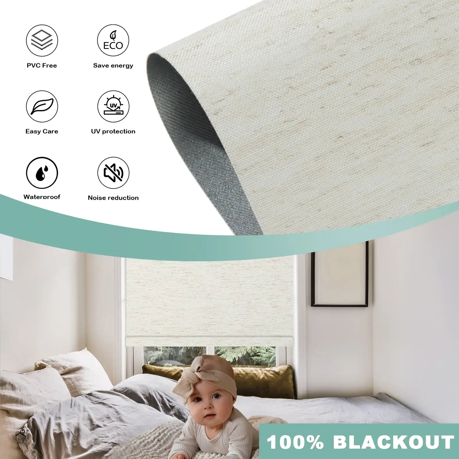 BlindsMagic 100% blackout roller shades Linen PVC free waterproof UV protection noise reduction