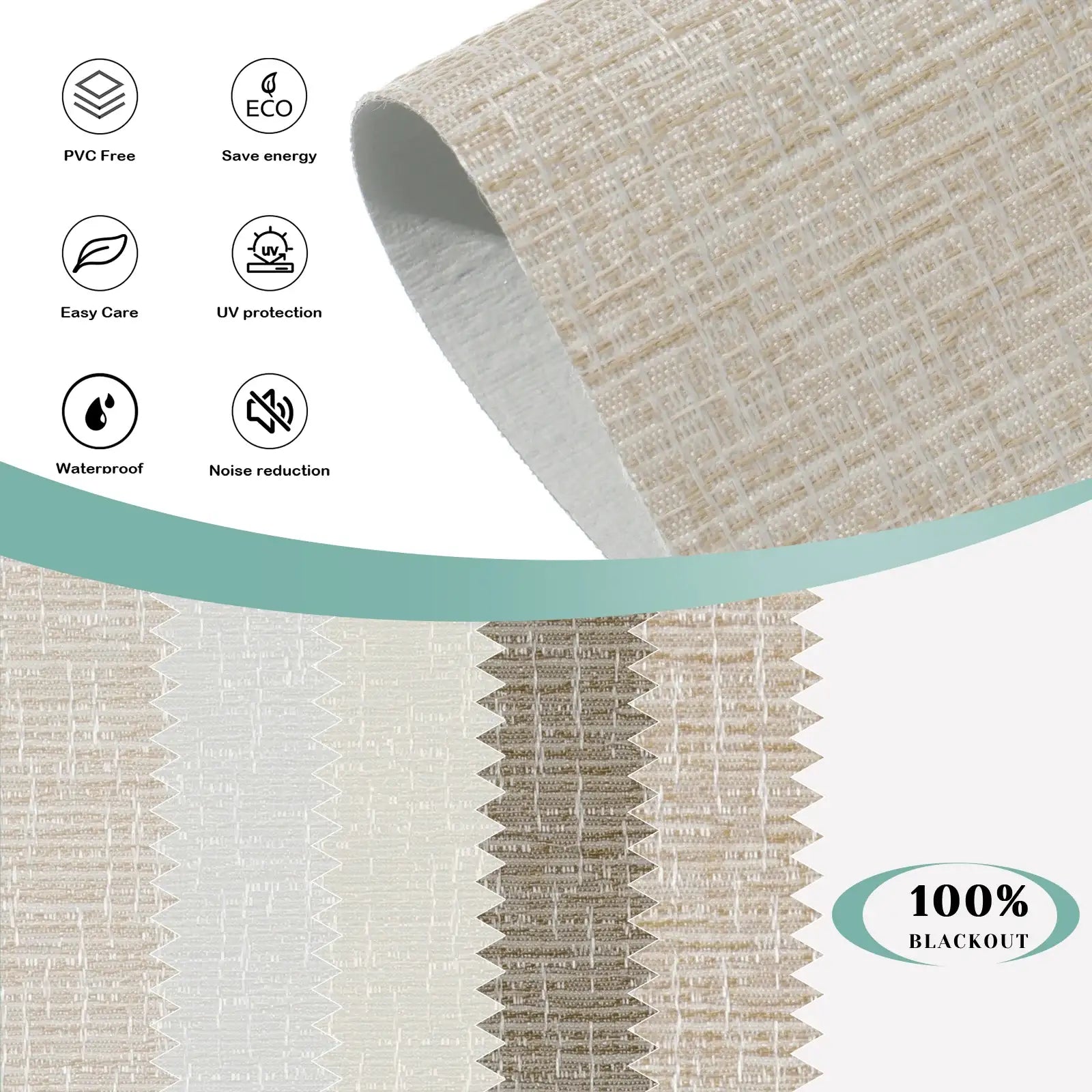 BlindsMagic Roller Shades 100% Blackout Melody Fabric – PVC Free UV Protection Waterproof Noise Reduction