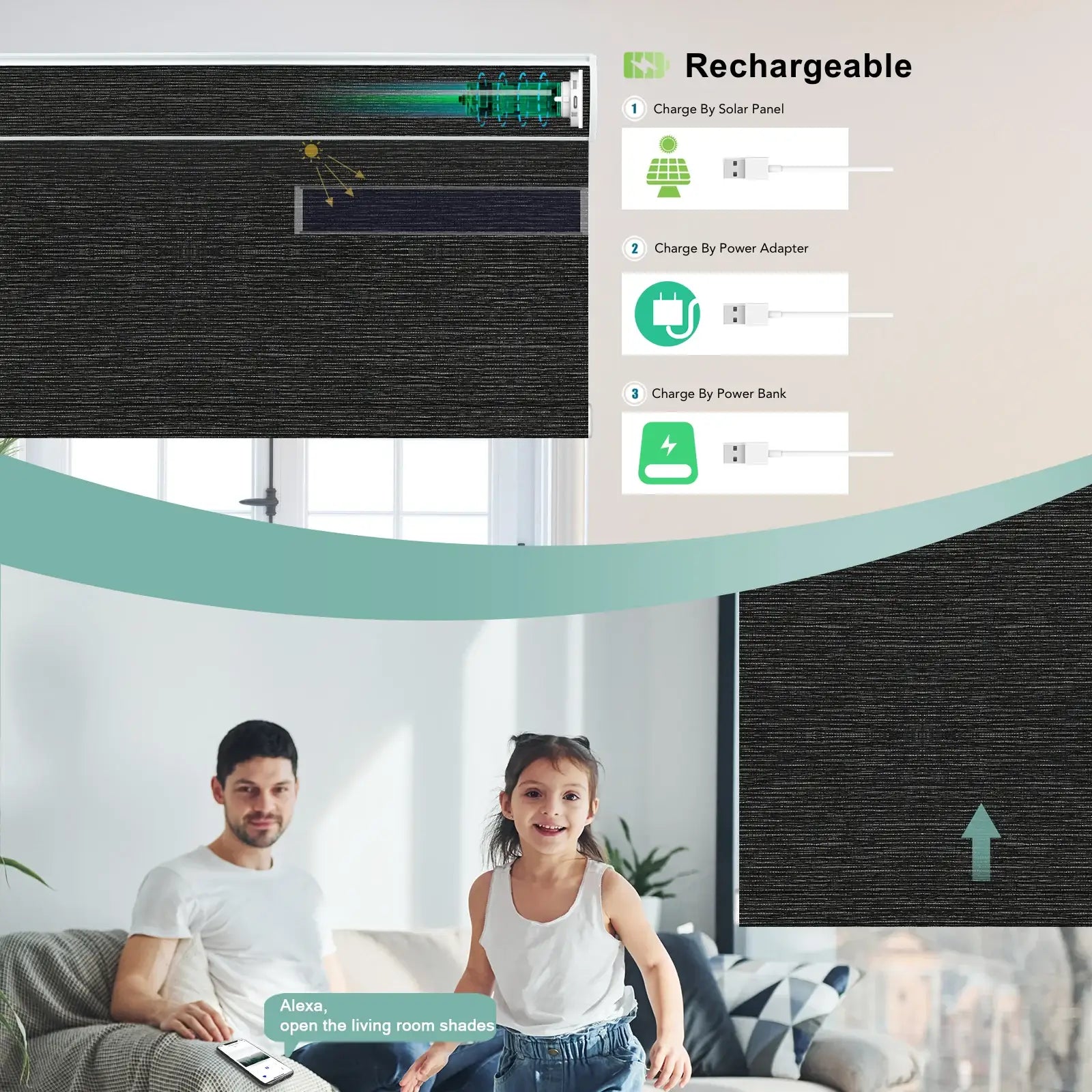 BlindsMagic Smart Motorized Roller Shades 100% Blackout Klamath – Rechargeable Solar Panel Cordless Child Safe