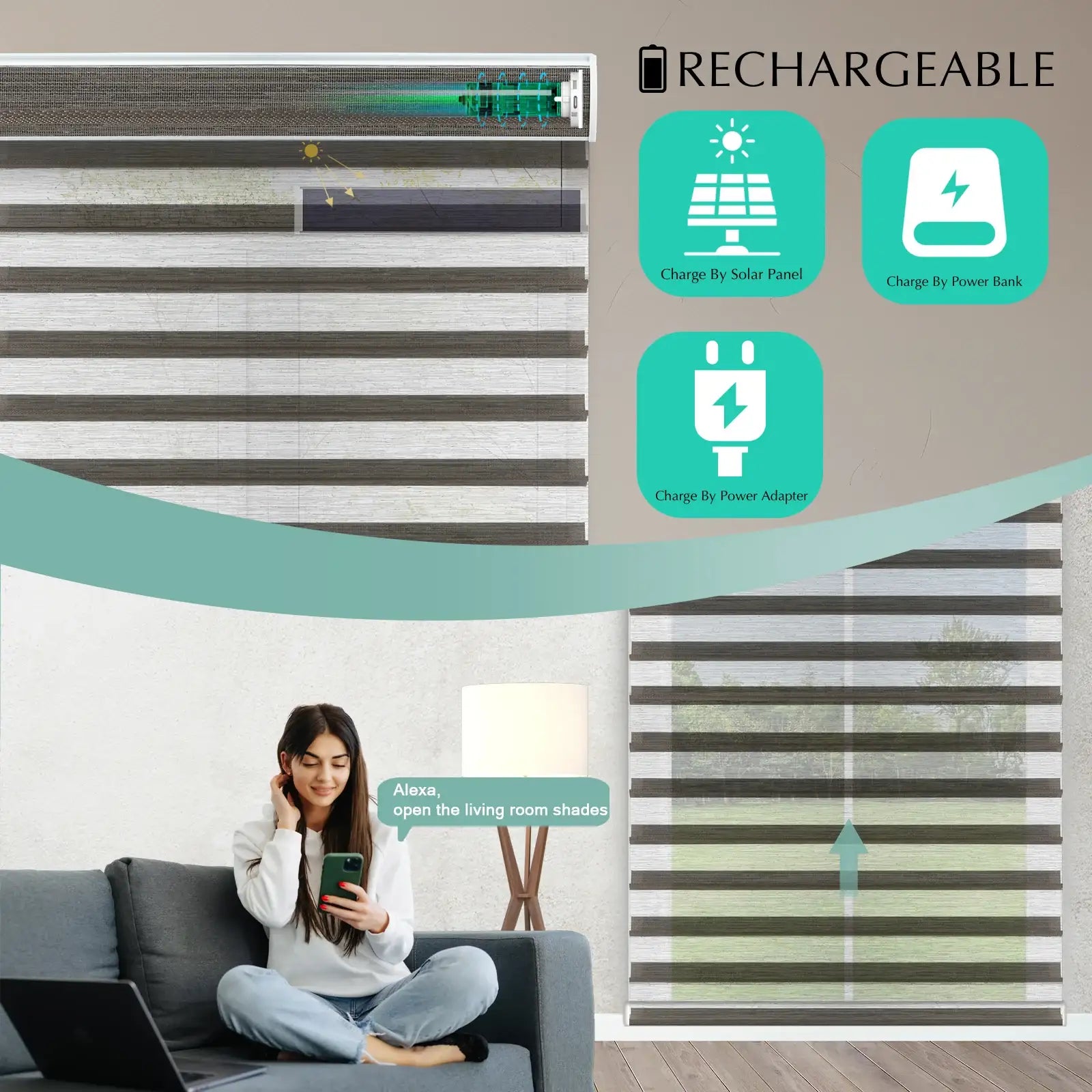 BlindsMagic Light Filtering Shades Rechargeable – Solar Panel Power Bank or Adapter Cordless Electric Blinds