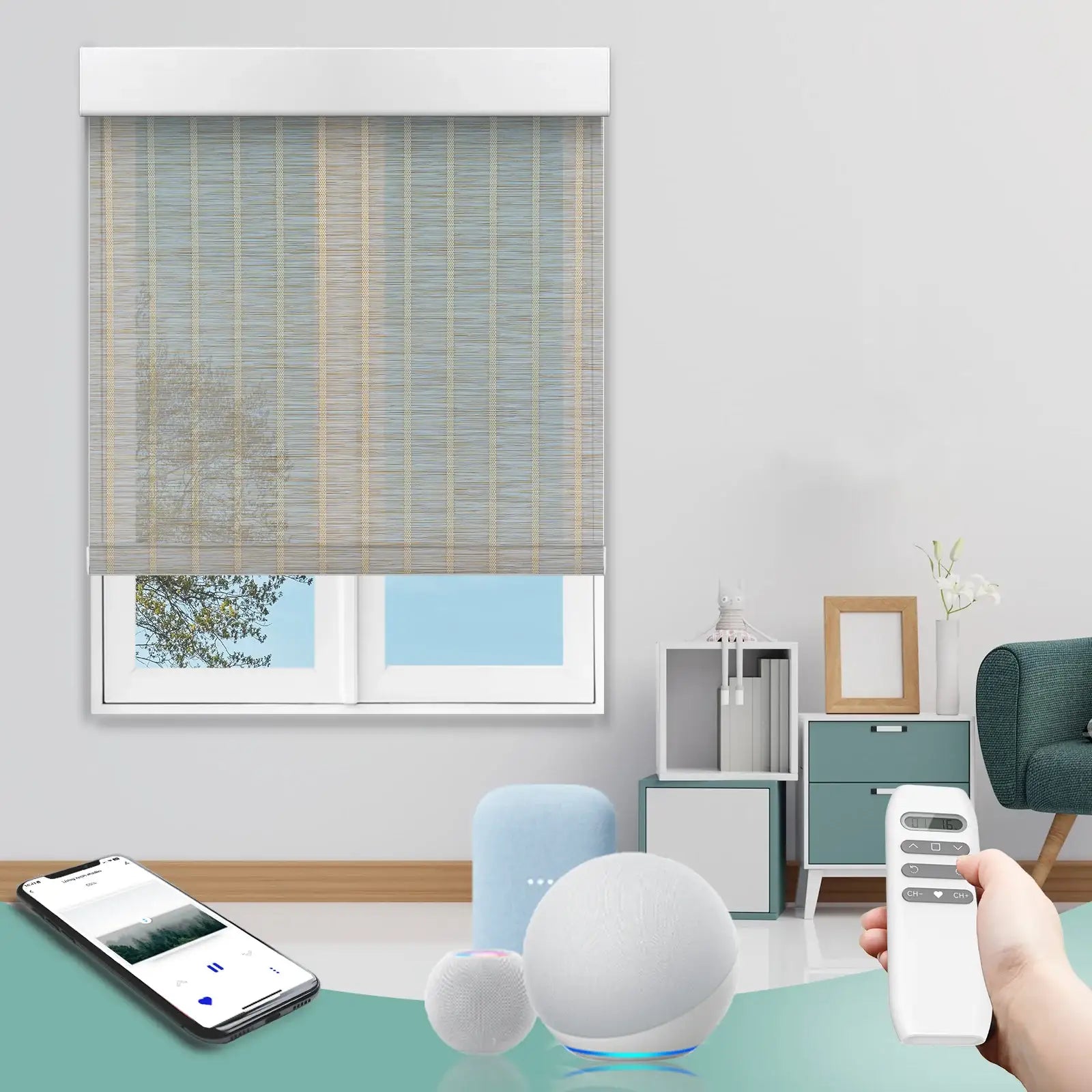 BlindsMagic Bamboo Shades 50% Blackout Crossing – Motorized Electric Blinds Living Room App Remote Control