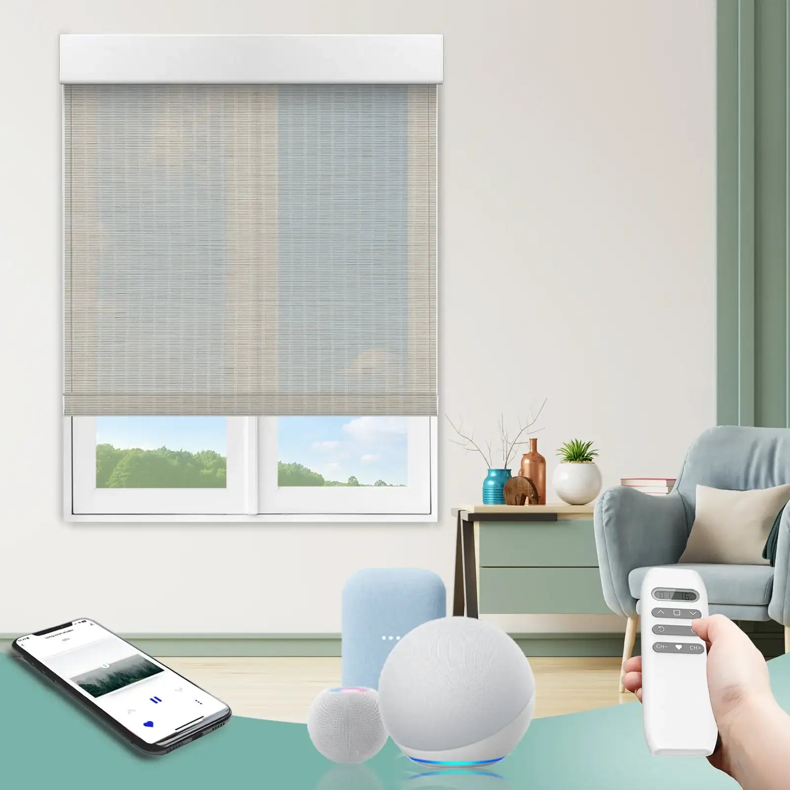 BlindsMagic Motorized Bamboo Shades 50% Blackout Stria – Smart Electric Blinds Living Room App Remote Control