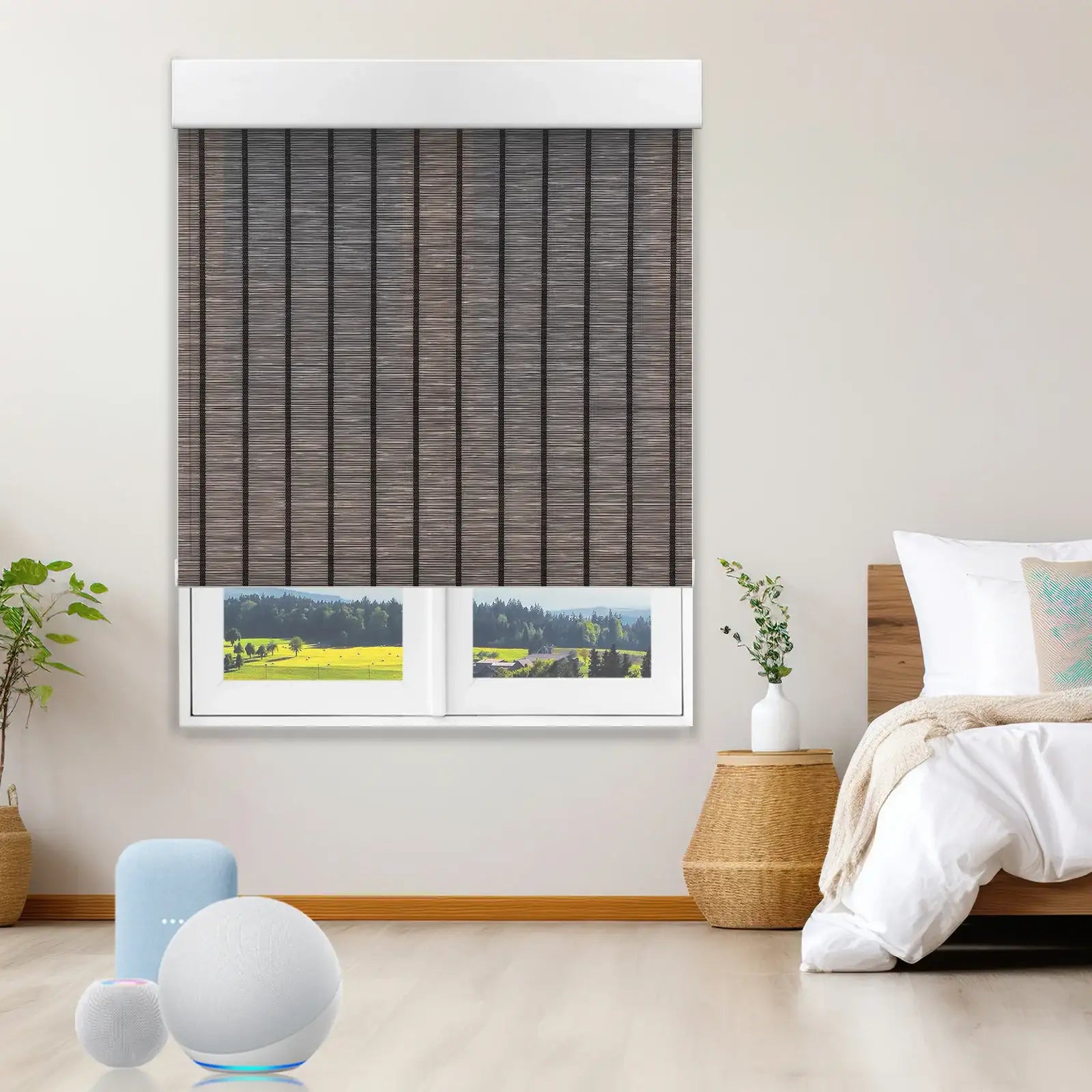 BlindsMagic Motorized Bamboo Shades 50% Blackout Crossing – Smart Electric Blinds Bedroom Alexa Control