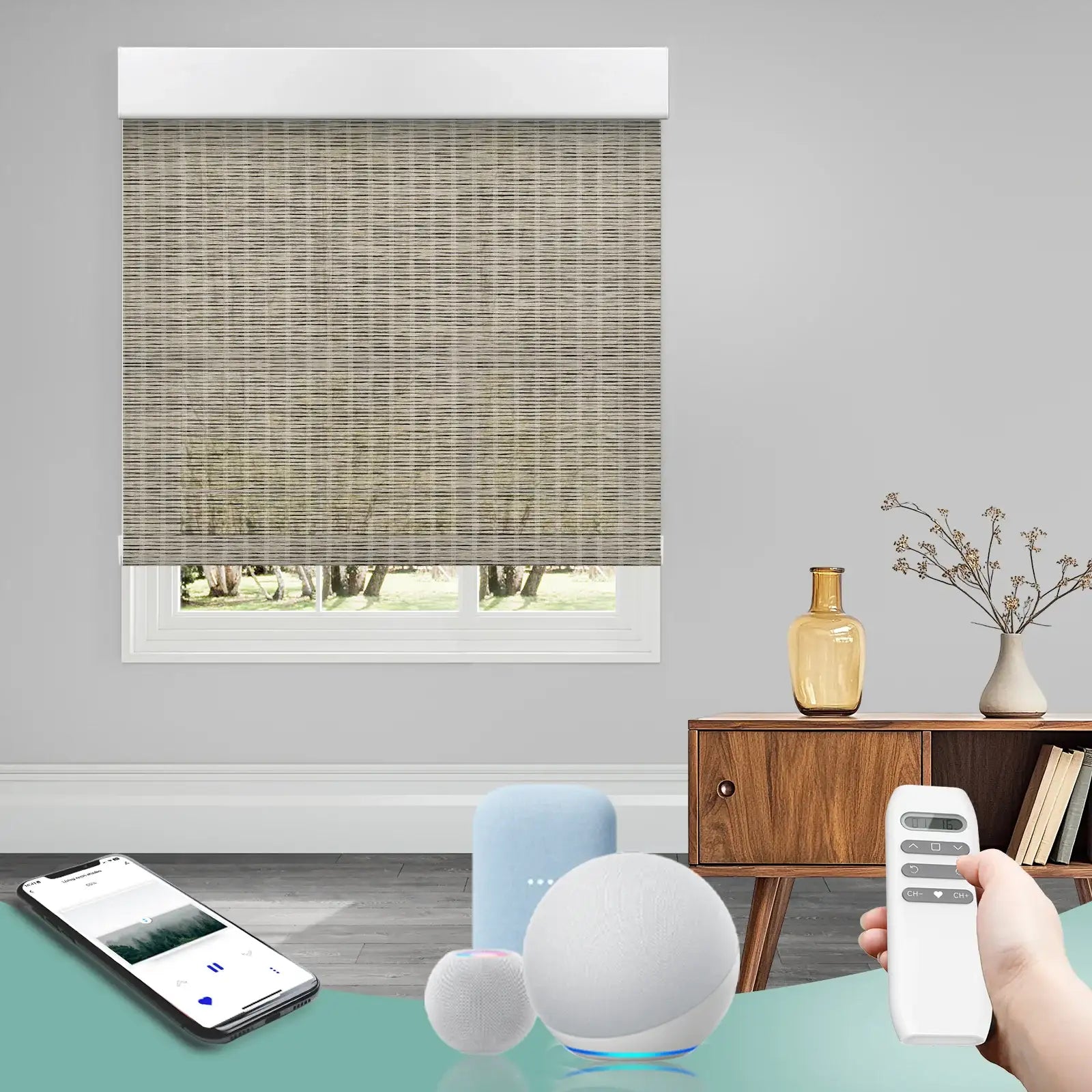 BlindsMagic Bamboo Shades 50% Blackout Stria – Motorized Electric Blinds for Windows Living Room Smart Control