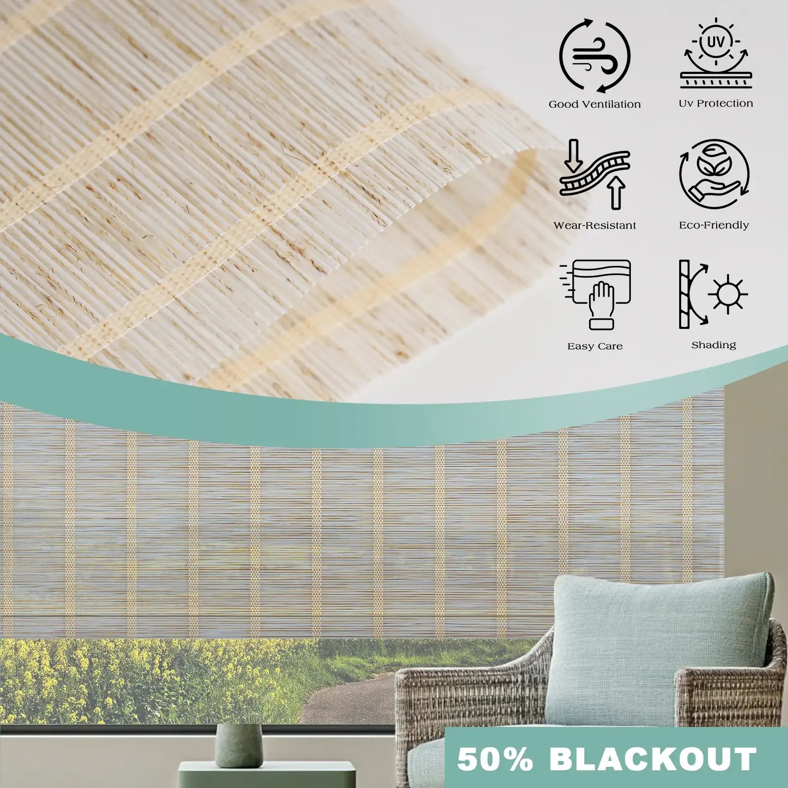 BlindsMagic Bamboo Shades Crossing Fabric Detail – UV Protection Eco-Friendly Wear-Resistant Good Ventilation