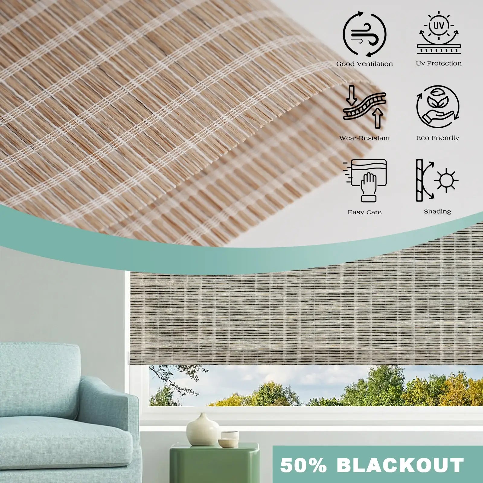 BlindsMagic Bamboo Shades Stria Fabric Detail – UV Protection Eco-Friendly Wear-Resistant Good Ventilation