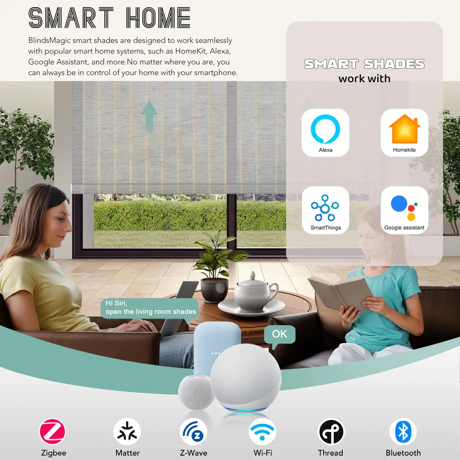 BlindsMagic Bamboo Shades Smart Home – Alexa HomeKit Google SmartThings Zigbee Matter Wi-Fi Voice Control