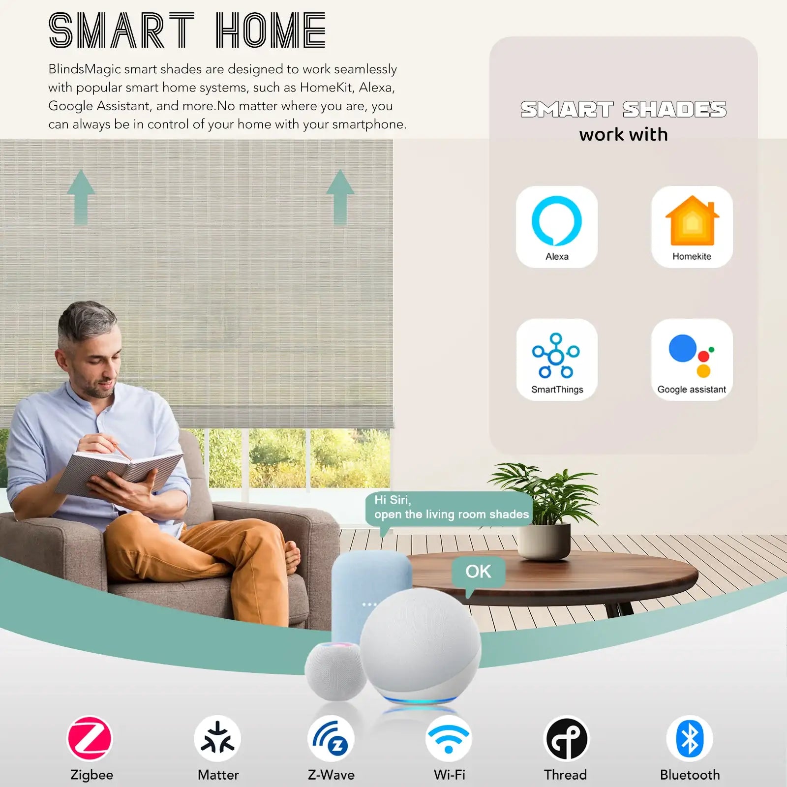 BlindsMagic Bamboo Shades Smart Home – Alexa HomeKit Google SmartThings Zigbee Matter Wi-Fi Voice Control