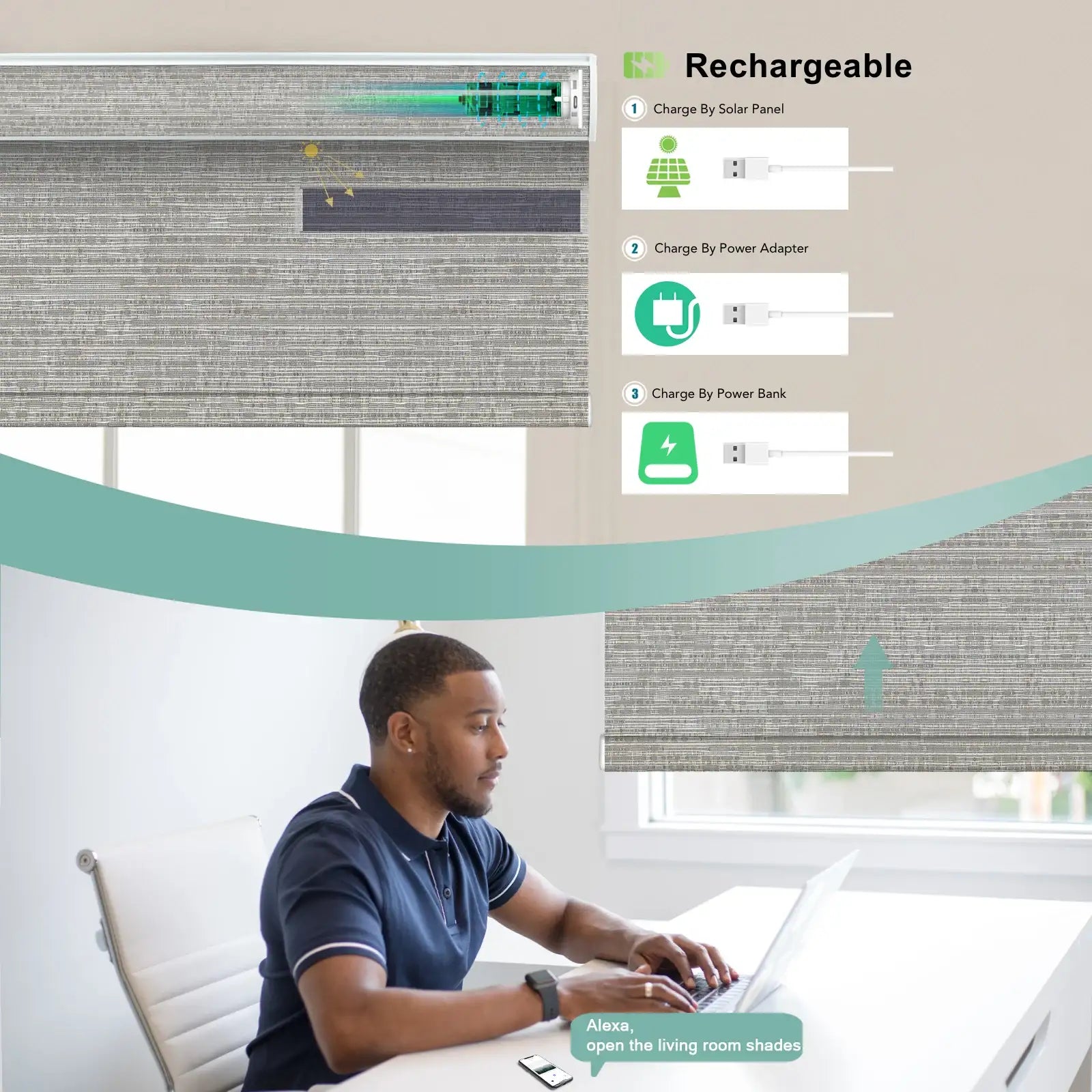BlindsMagic Smart Motorized Roller Shades 100% Blackout Camden – Rechargeable Solar Panel Cordless Office