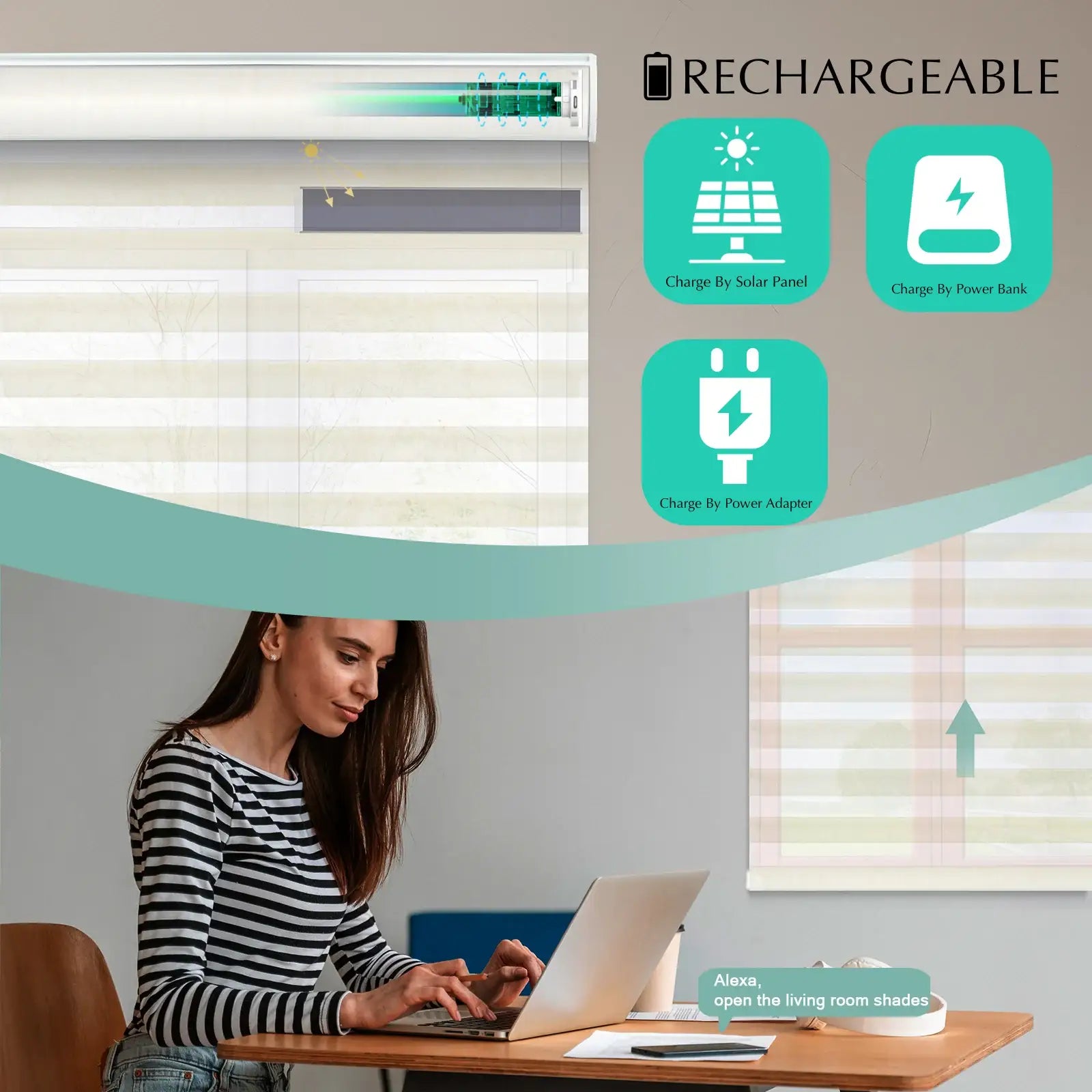 BlindsMagic Smart Sheer Shades Rechargeable – Solar Panel Power Bank or Adapter Cordless
