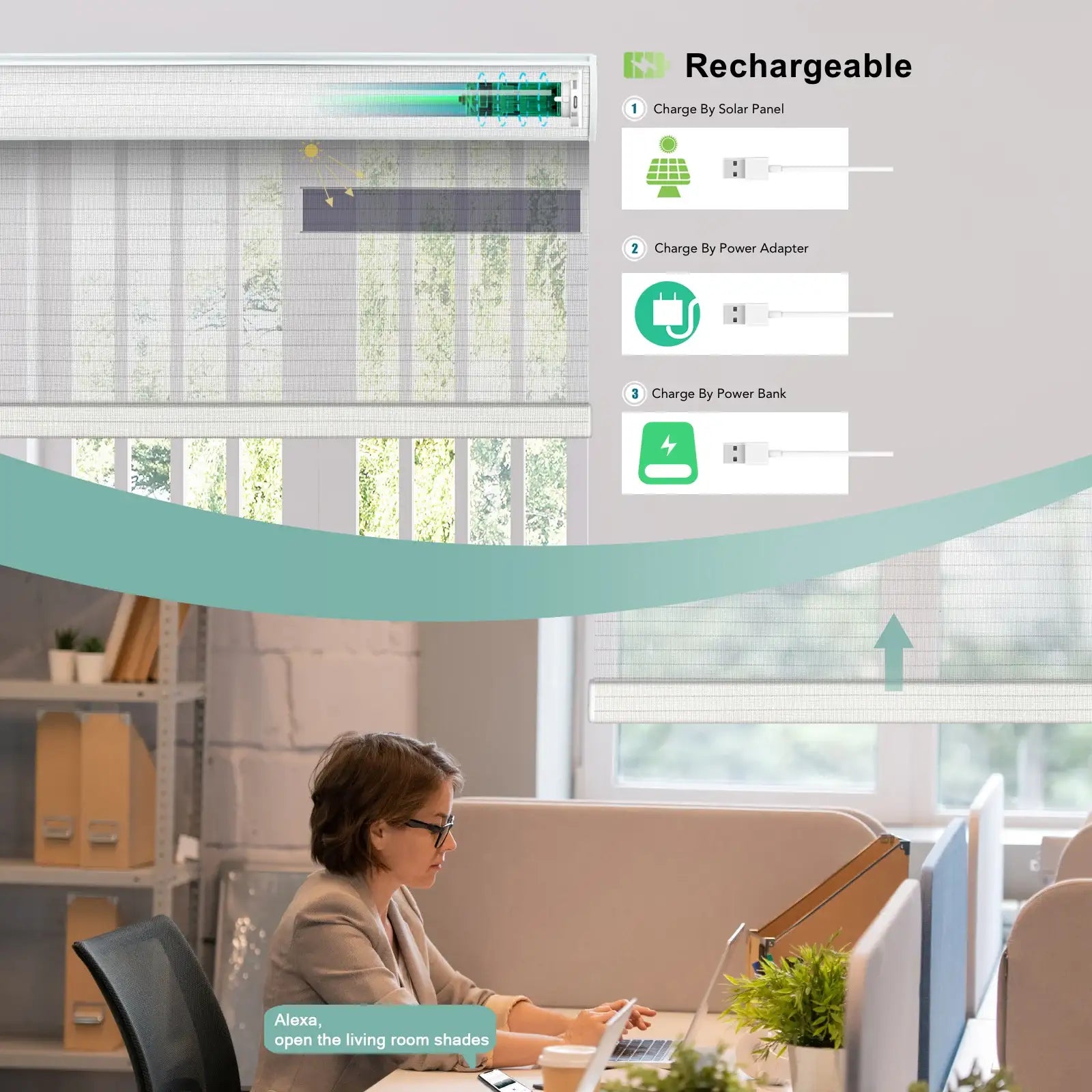 BlindsMagic Smart Motorized Roller Shades 5% Blackout Chiffon – Rechargeable Solar Panel Cordless Office