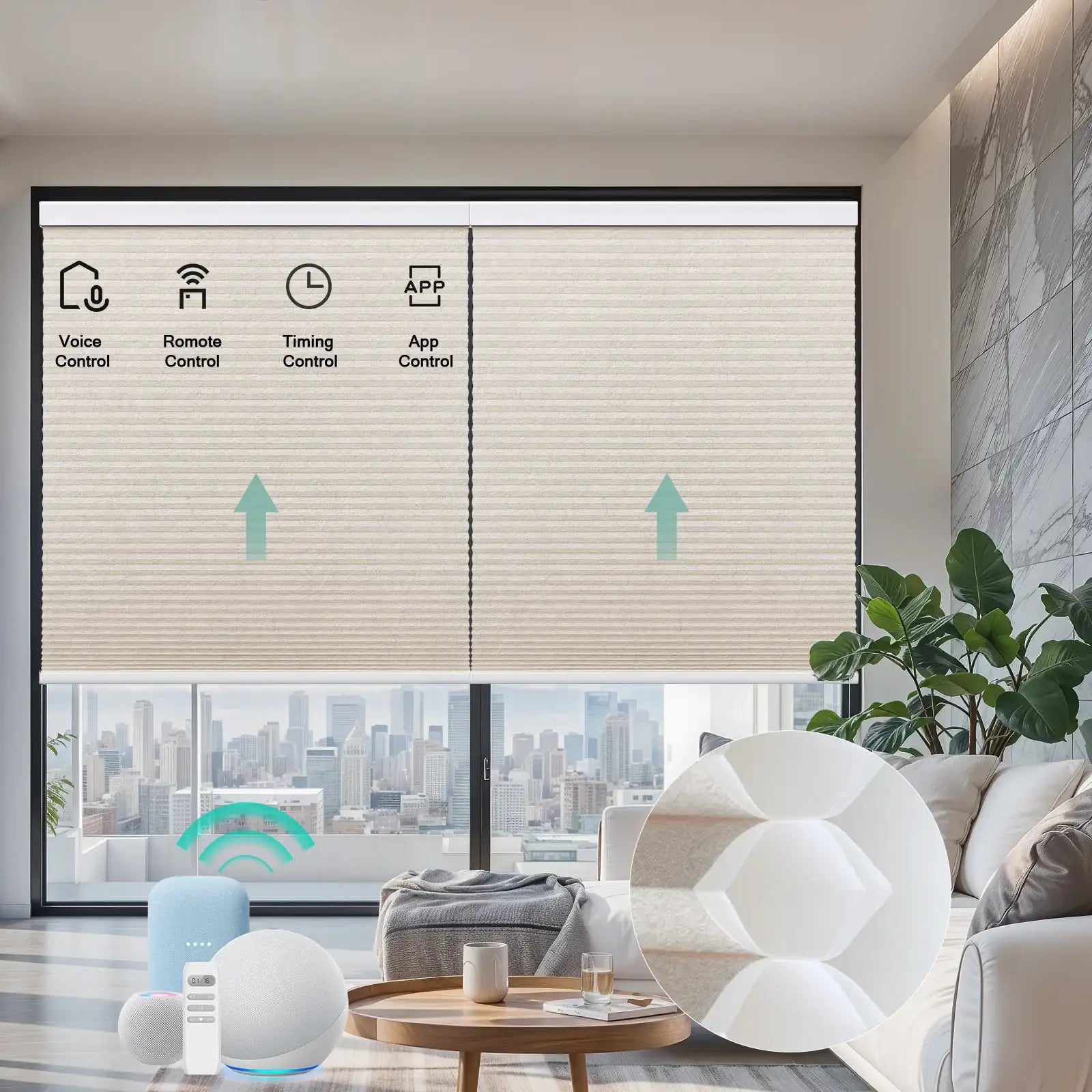 BlindsMagic Motorized double layer Cellular Shades Whimsy voice remote timing app control – cellular shades