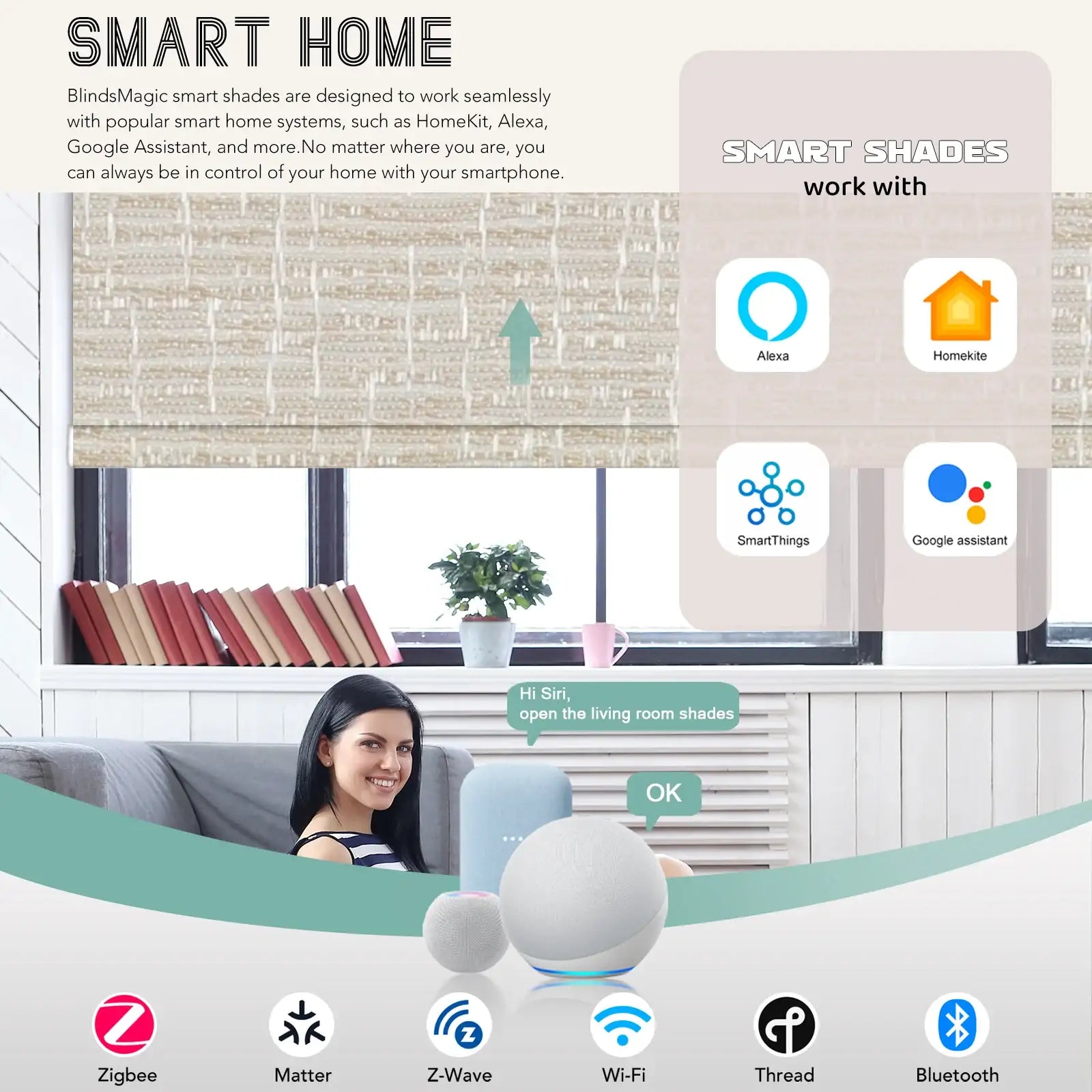 BlindsMagic Motorized Roller Shades Smart Home Compatible – Alexa HomeKit Google SmartThings Zigbee Matter Wi-Fi
