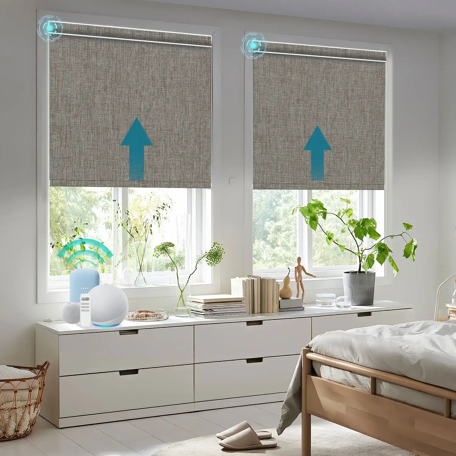 BlindsMagic motorized roller shades 100% blackout bedroom double window smart control