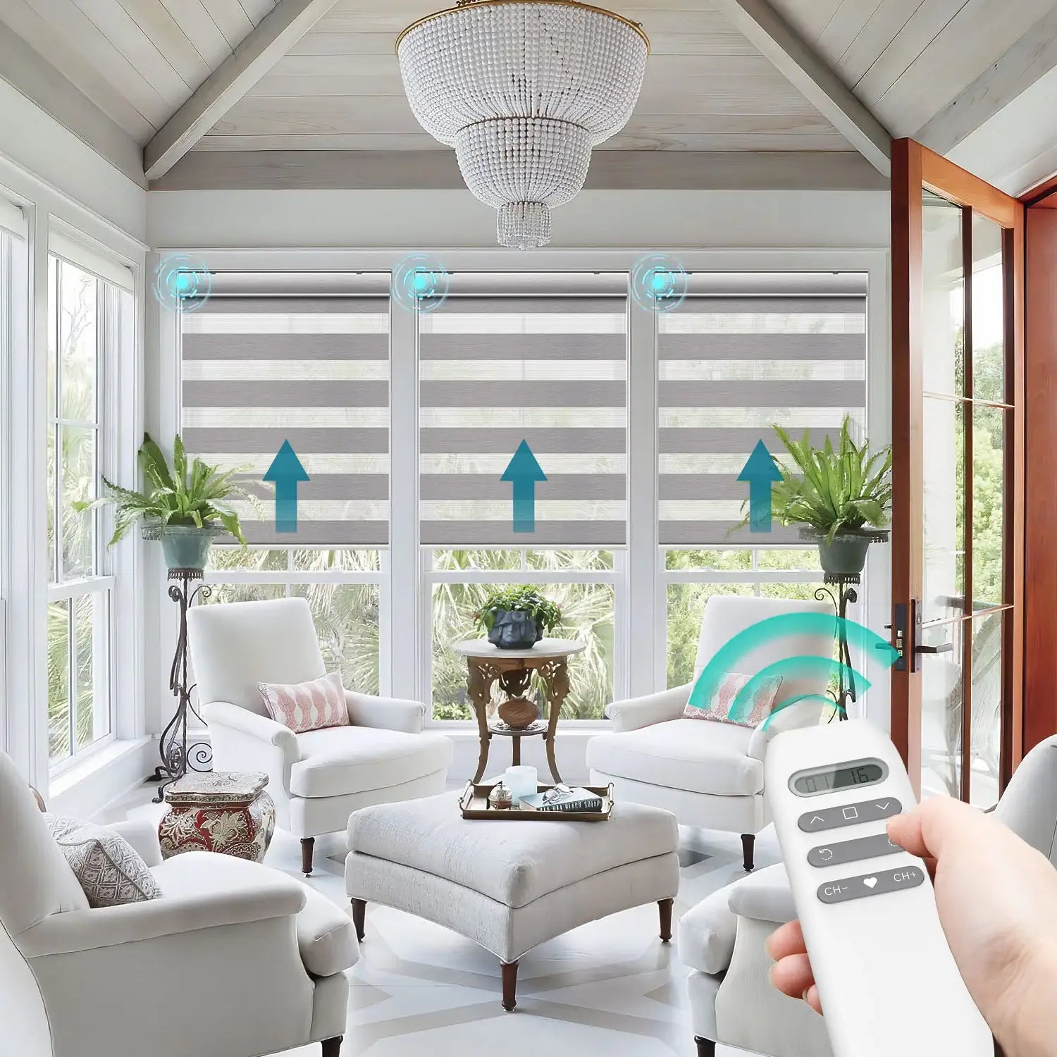 BlindsMagic motorized zebra shades living room remote control multiple windows- Veluna