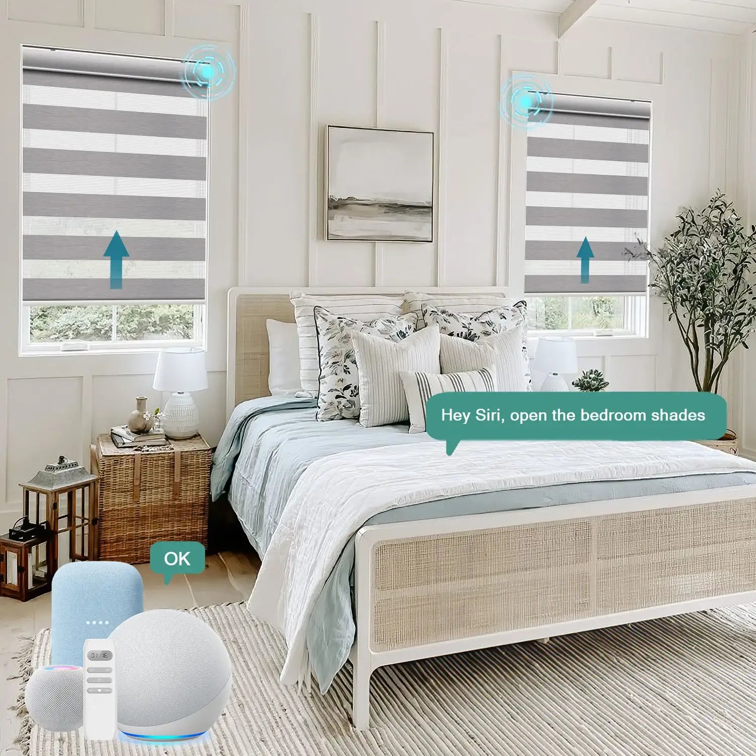 BlindsMagic motorized zebra shades bedroom double window Siri voice control - Veluna