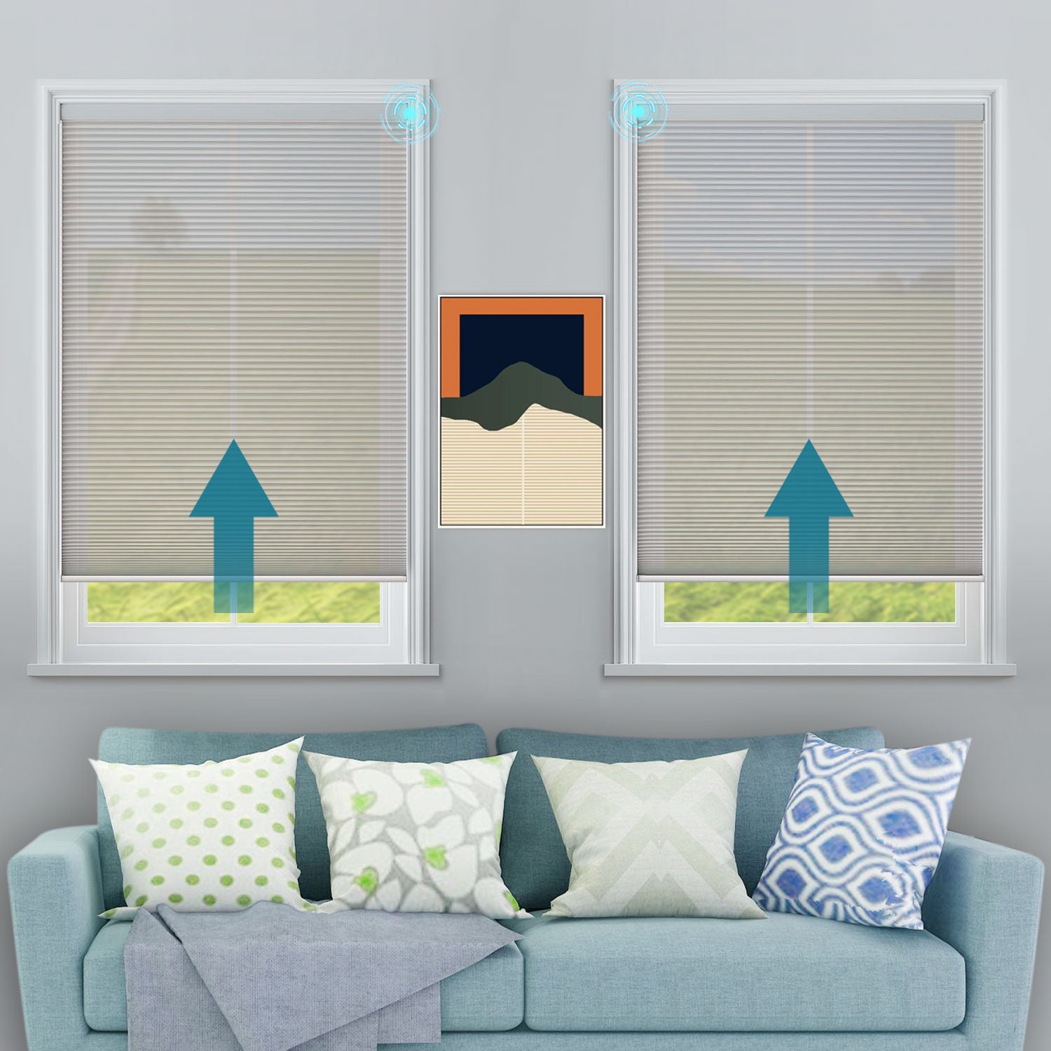 Custom BlindsMagic cellular shades in a modern blue-themed interior for a clean, cordless look.