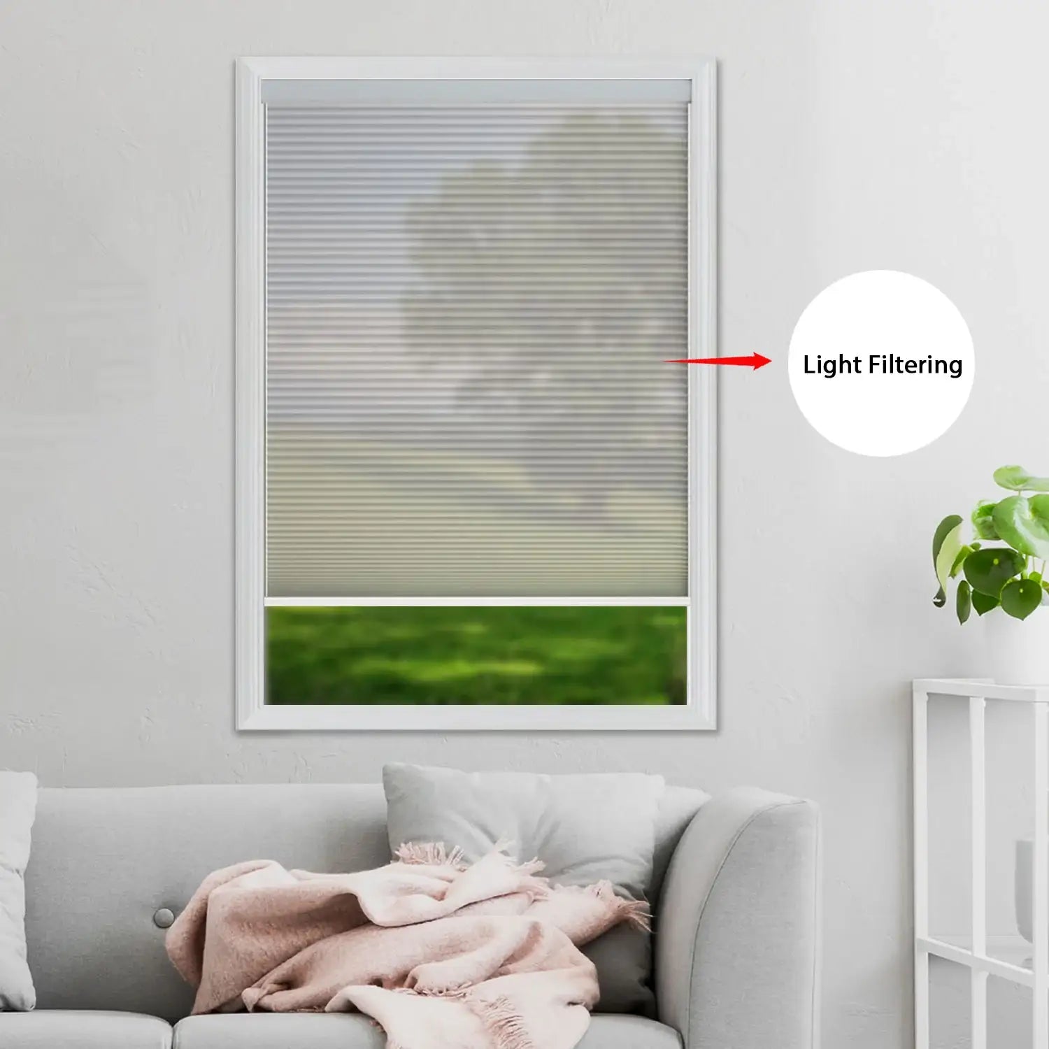 Visual demonstration of BlindsMagic light filtering shades softening harsh exterior light.