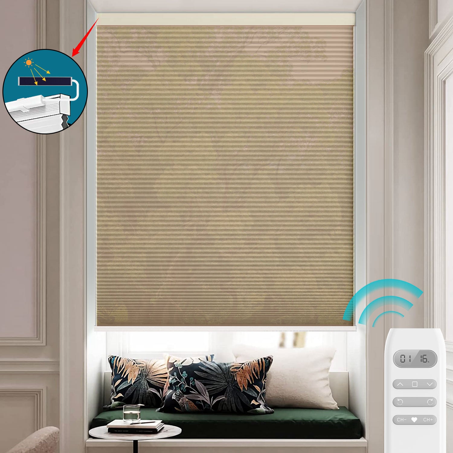 BlindsMagic motorized cellular shades with easy-to-use remote control for custom light levels.