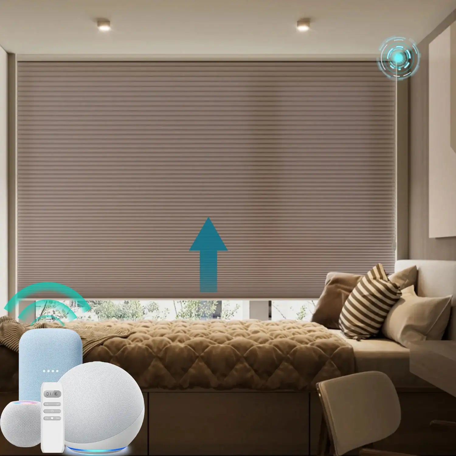 BlindsMagic privacy honeycomb blinds providing soft natural light and comfort in a cozy bedroom.