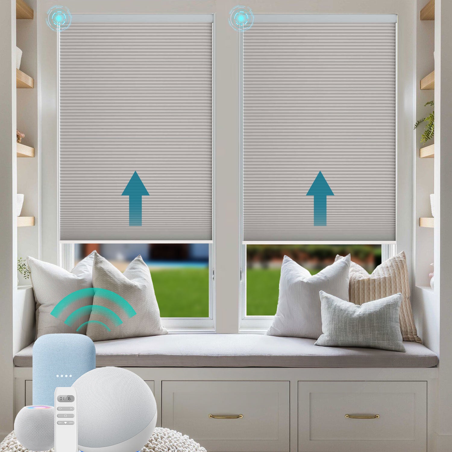 BlindsMagic smart honeycomb blinds with remote control, perfect for bedroom window nooks.