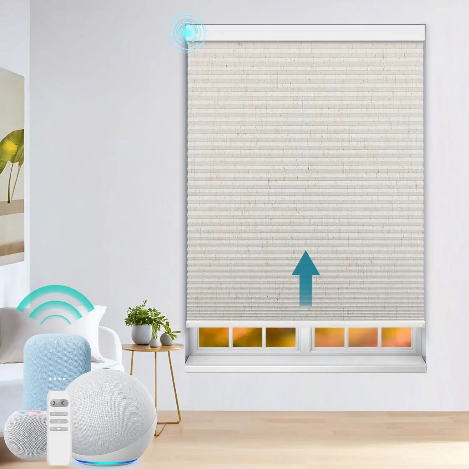 BlindsMagic Motorized Cellular Shades 80% Blackout Linen – Electric Blinds for Windows Living Room Alexa Control