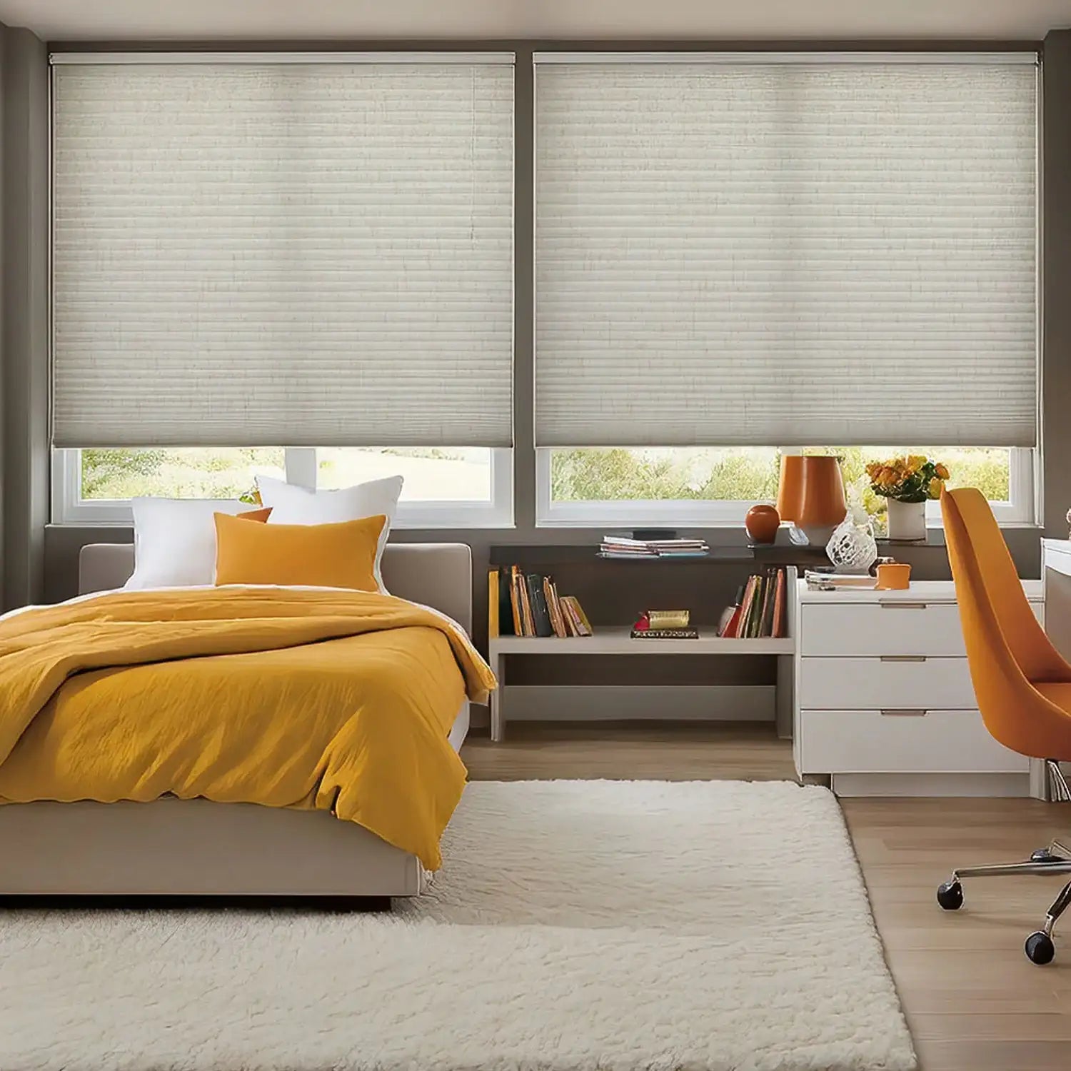 BlindsMagic Motorized Cellular Shades 80% Blackout Linen – Honeycomb Blinds Bedroom Double Window Custom Size