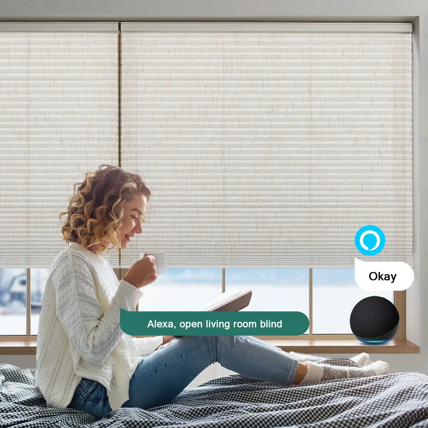BlindsMagic Cellular Shades Alexa Voice Control – Open Living Room Blind Smart Electric Blinds for Windows