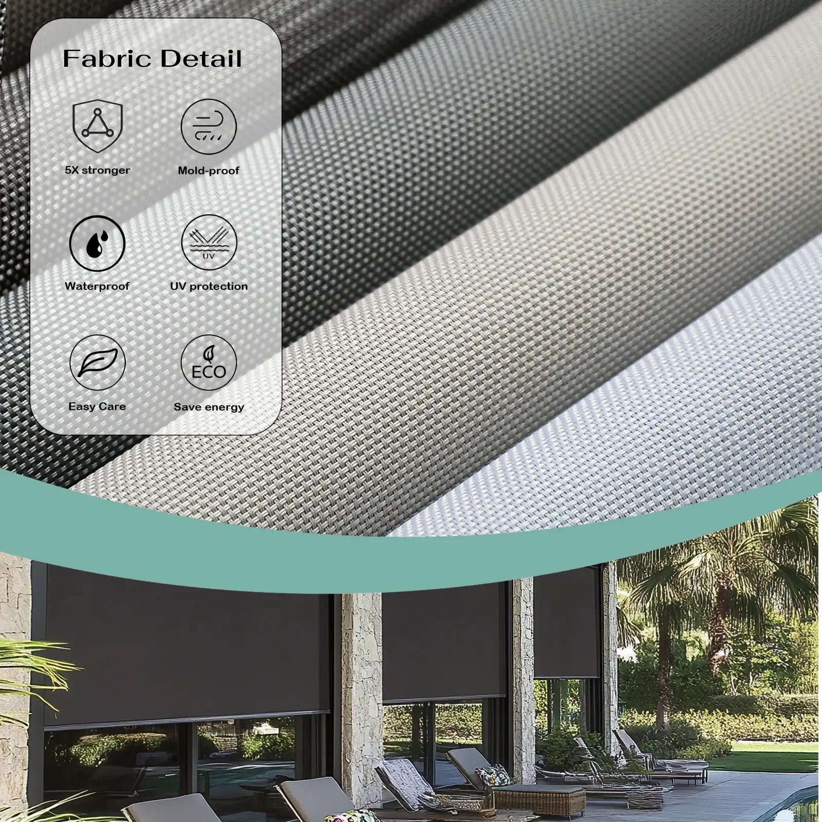 BlindsMagic Outdoor Shade Sunscreen Fabric Detail – 5X Stronger Mold-Proof Waterproof UV Protection Easy Care