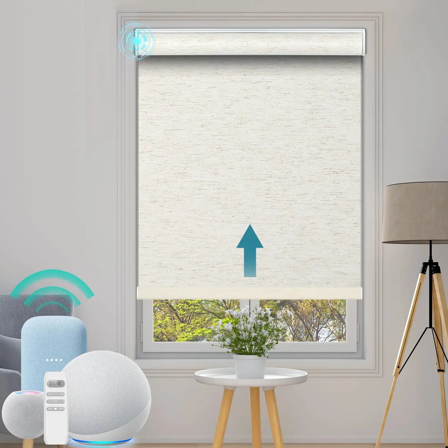 BlindsMagic motorized roller shades 100% blackout Linen living room smart home control