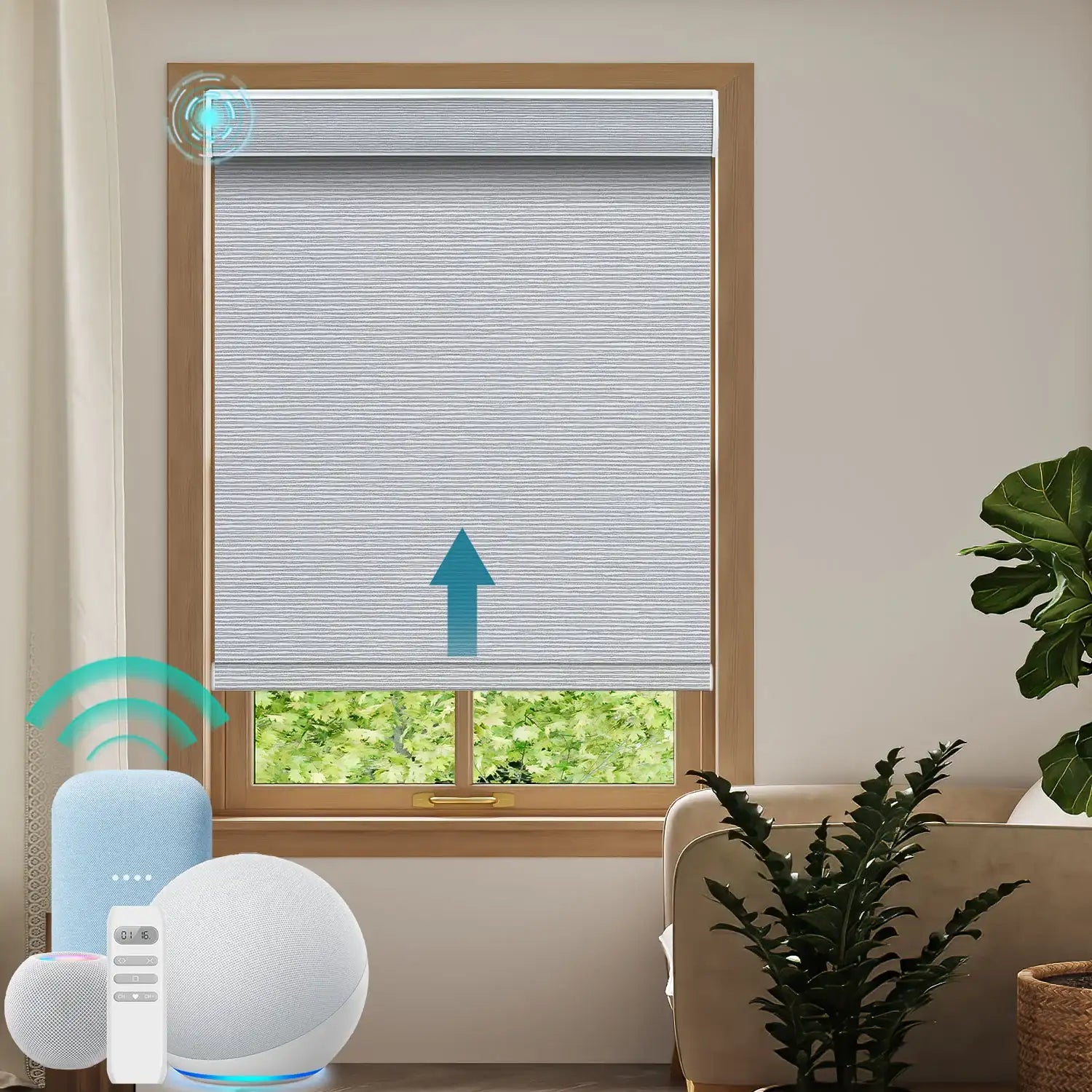 BlindsMagic motorized roller shades 100% blackout Hawthorn smart home living room- Hawthron