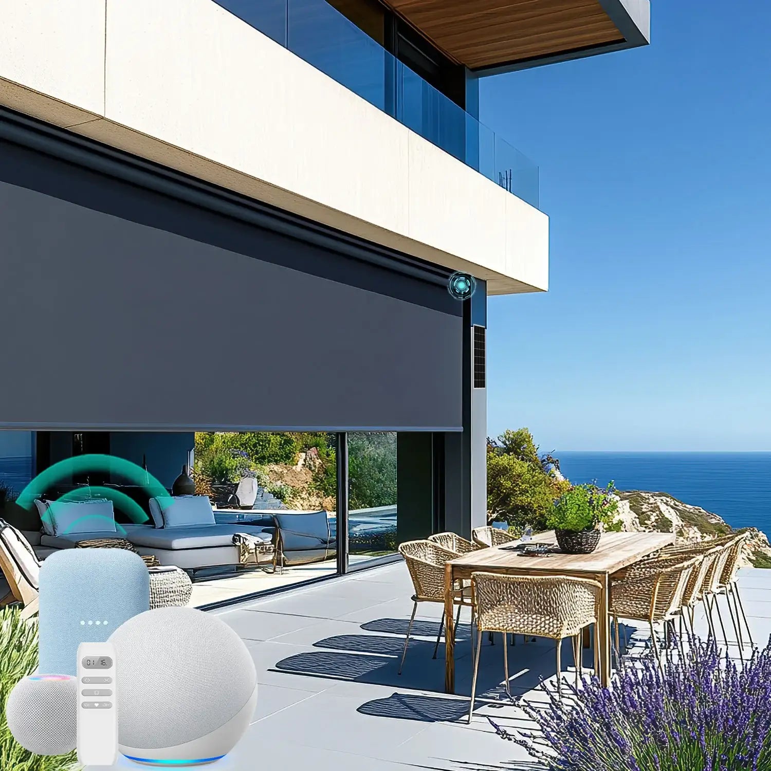 BlindsMagic Motorized Outdoor Shade Sunscreen – Smart Electric Blinds Patio Alexa Control Ocean View