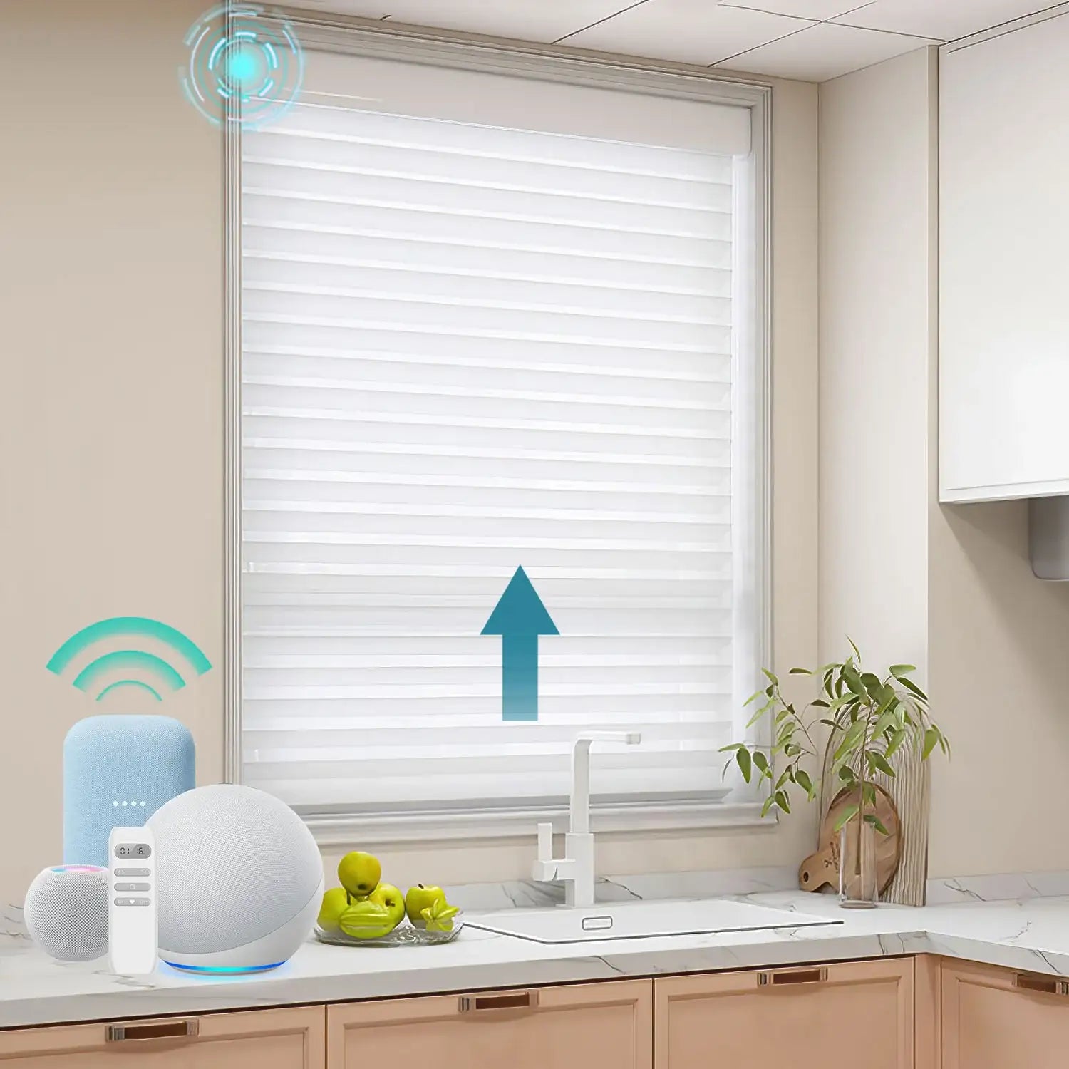 BlindsMagic motorized sheer shades 60% blackout Classic kitchen smart home control