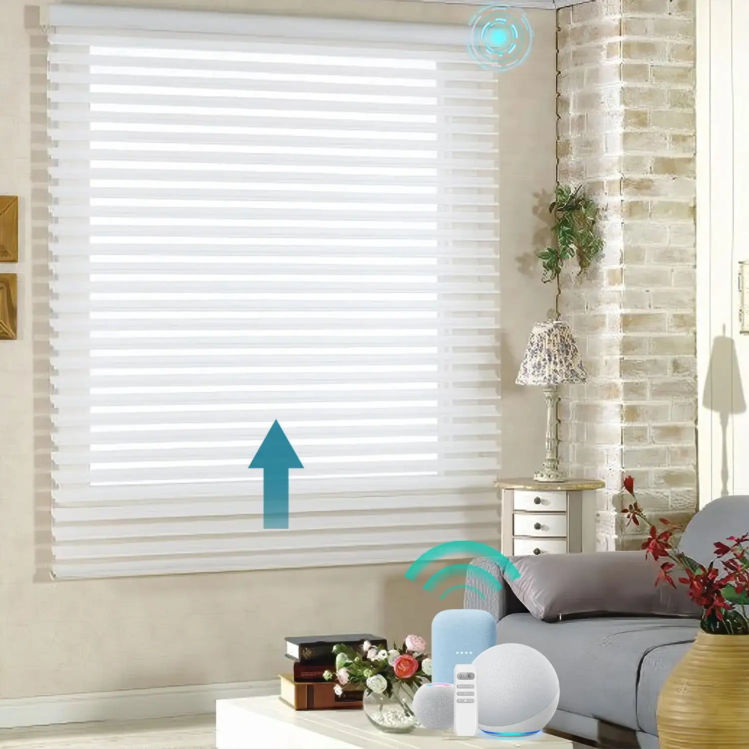 BlindsMagic motorized sheer shades 85% blackout Classic living room smart home control