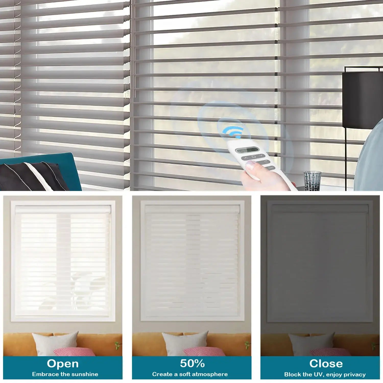 BlindsMagic sheer shades 85% blackout Classic open 50% close remote control living room